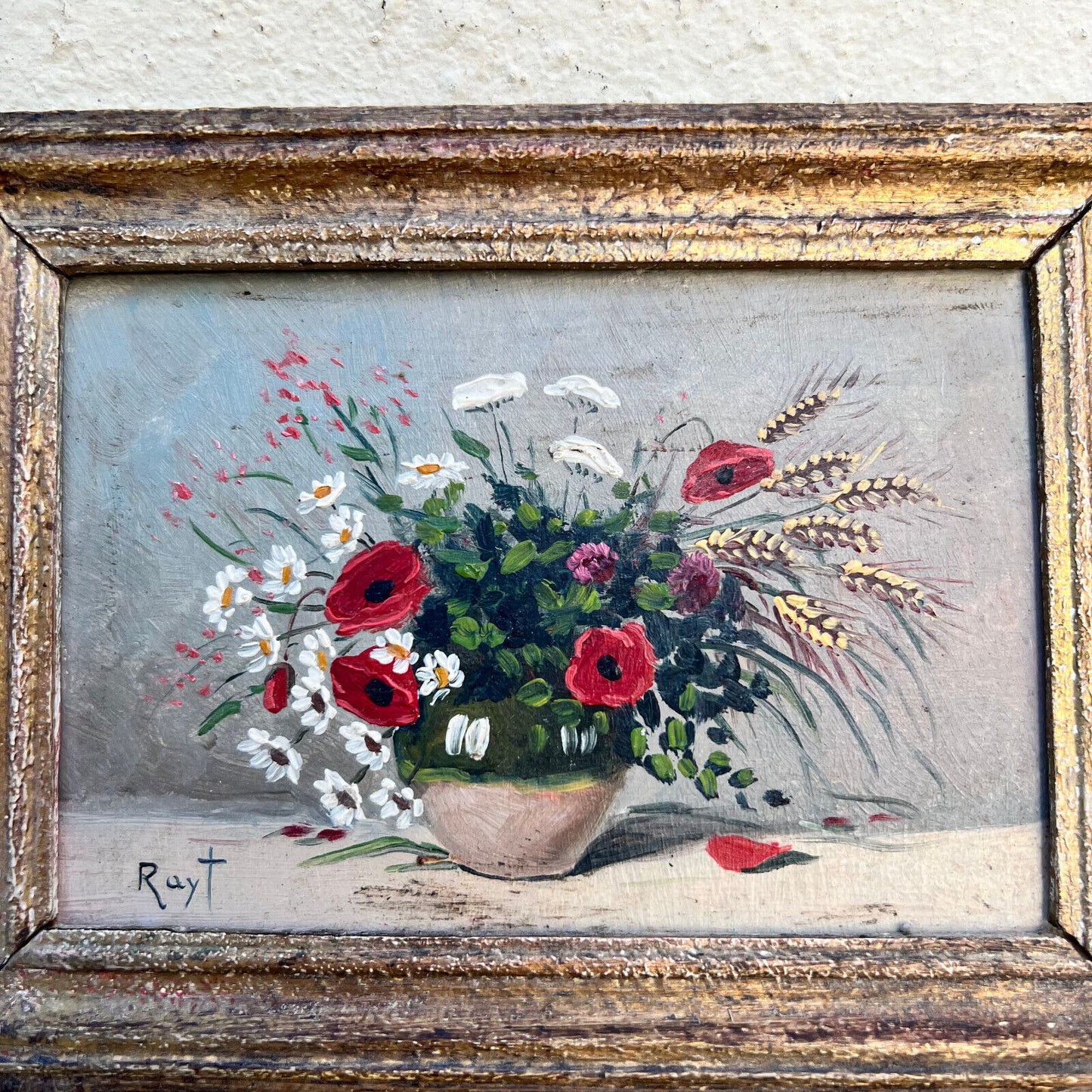 Small French still life flowers poppies painting framed and signed 0610243 - Fleamarketfrance