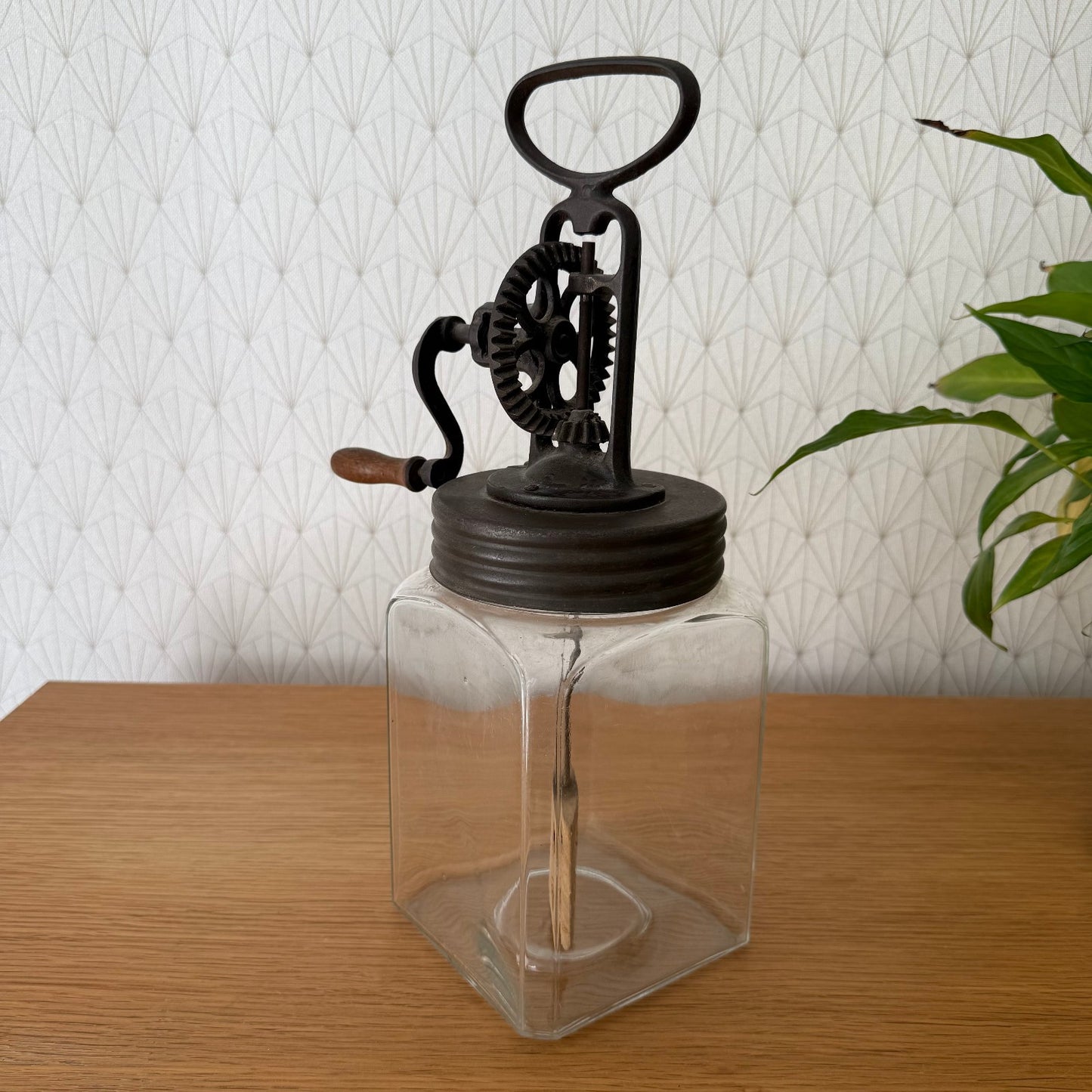 Original French Butter Churn Glass Jar Wood Paddle Good Condition 04092513