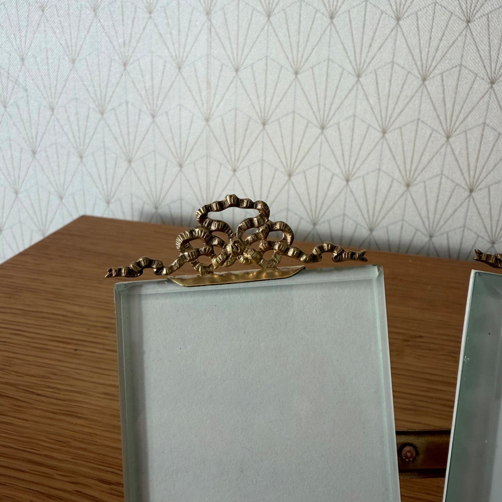 French Vintage Brass Double Photo Frame Ribbon Bow Beveled Glass 27062616 Fleamarketfrance