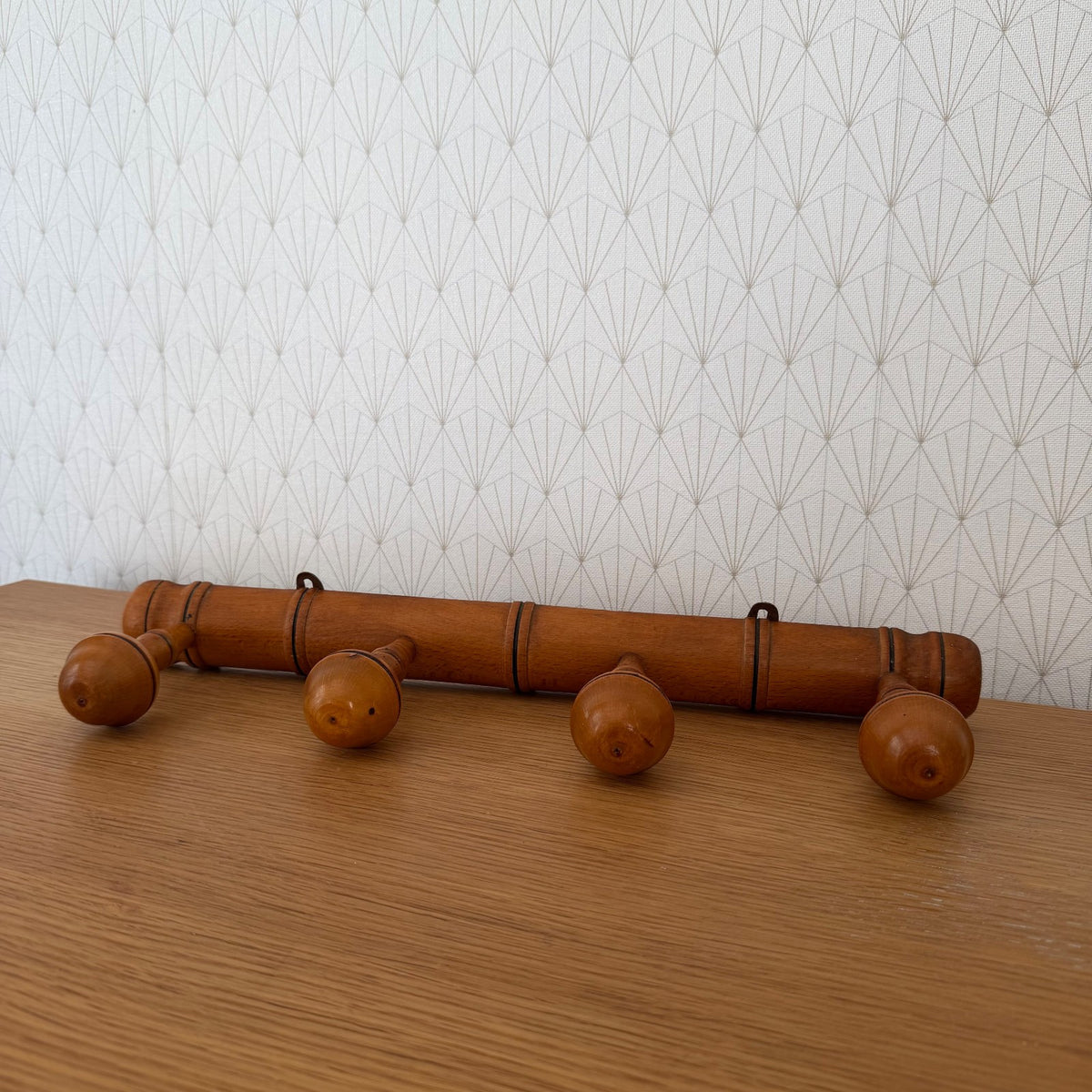 French Vintage Wood Wall Coat Rack 4 Turned Pegs Hat Hook 19" 15092611