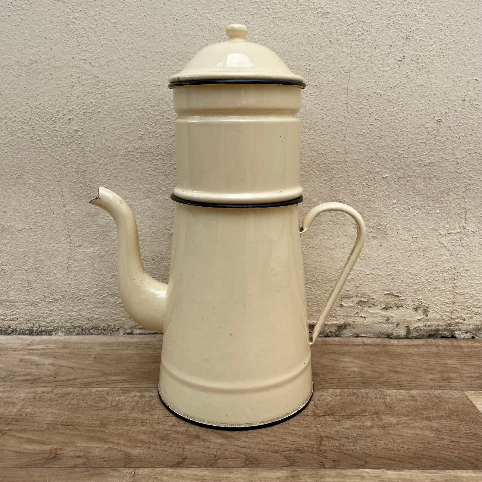 French Enamel Biggin Coffee Pot Cream Beige Filter Drip Vintage 18032510 Fleamarketfrance