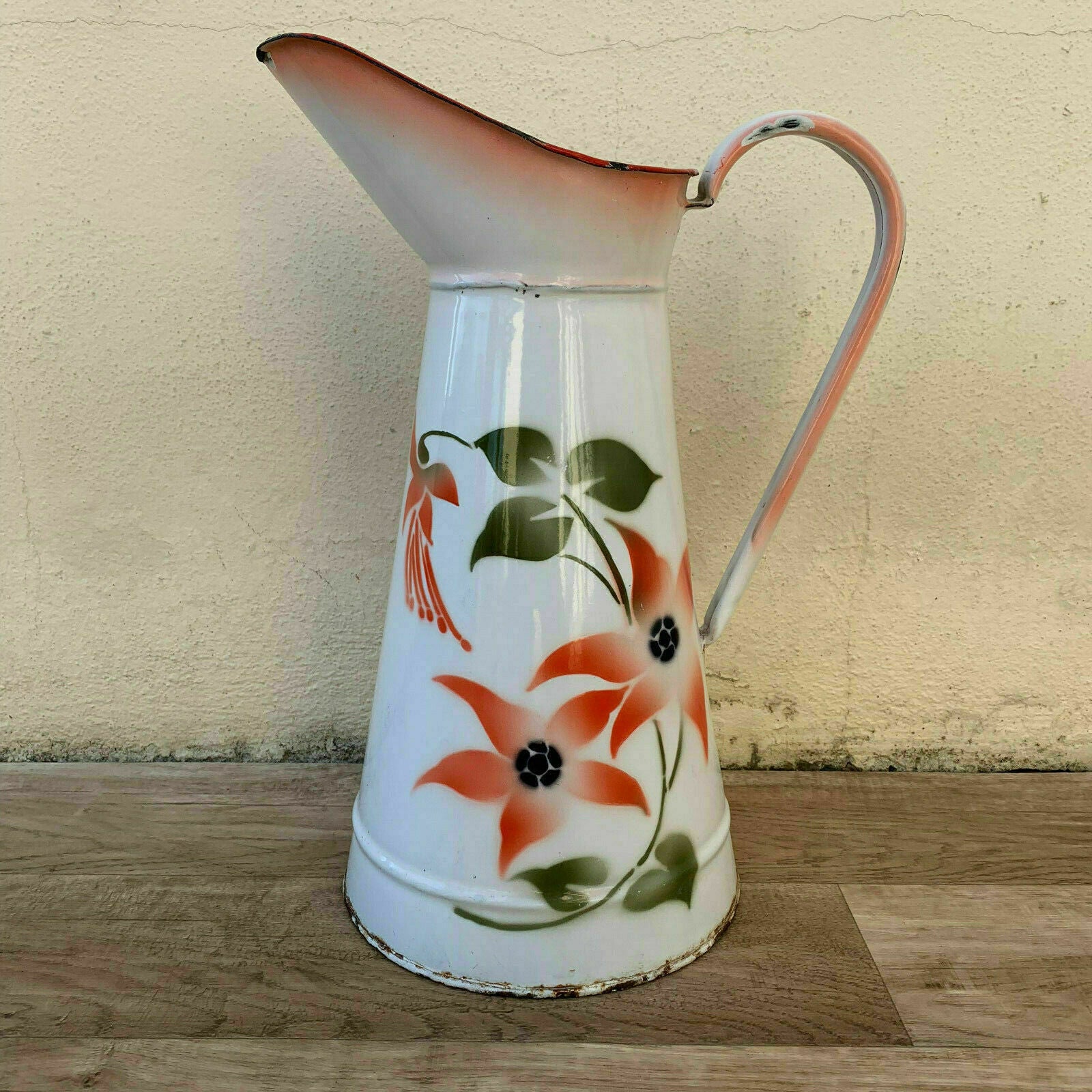 Vintage French Enamel pitcher jug water enameled white flowers RARE 0603191 - Fleamarketfrance