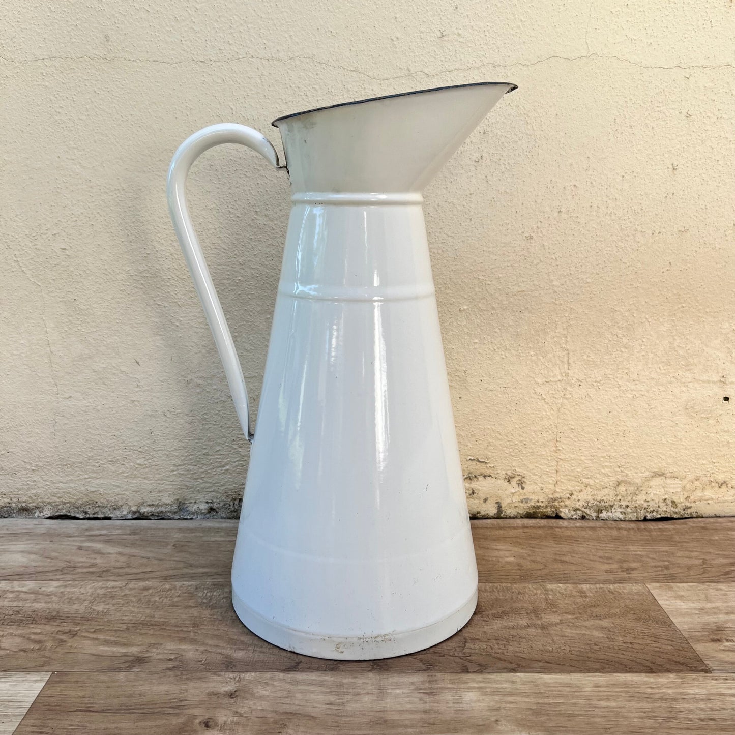 French Enamelware Pitcher White Blue Rim Antique Water Jug Vintage 1008223 Duralex