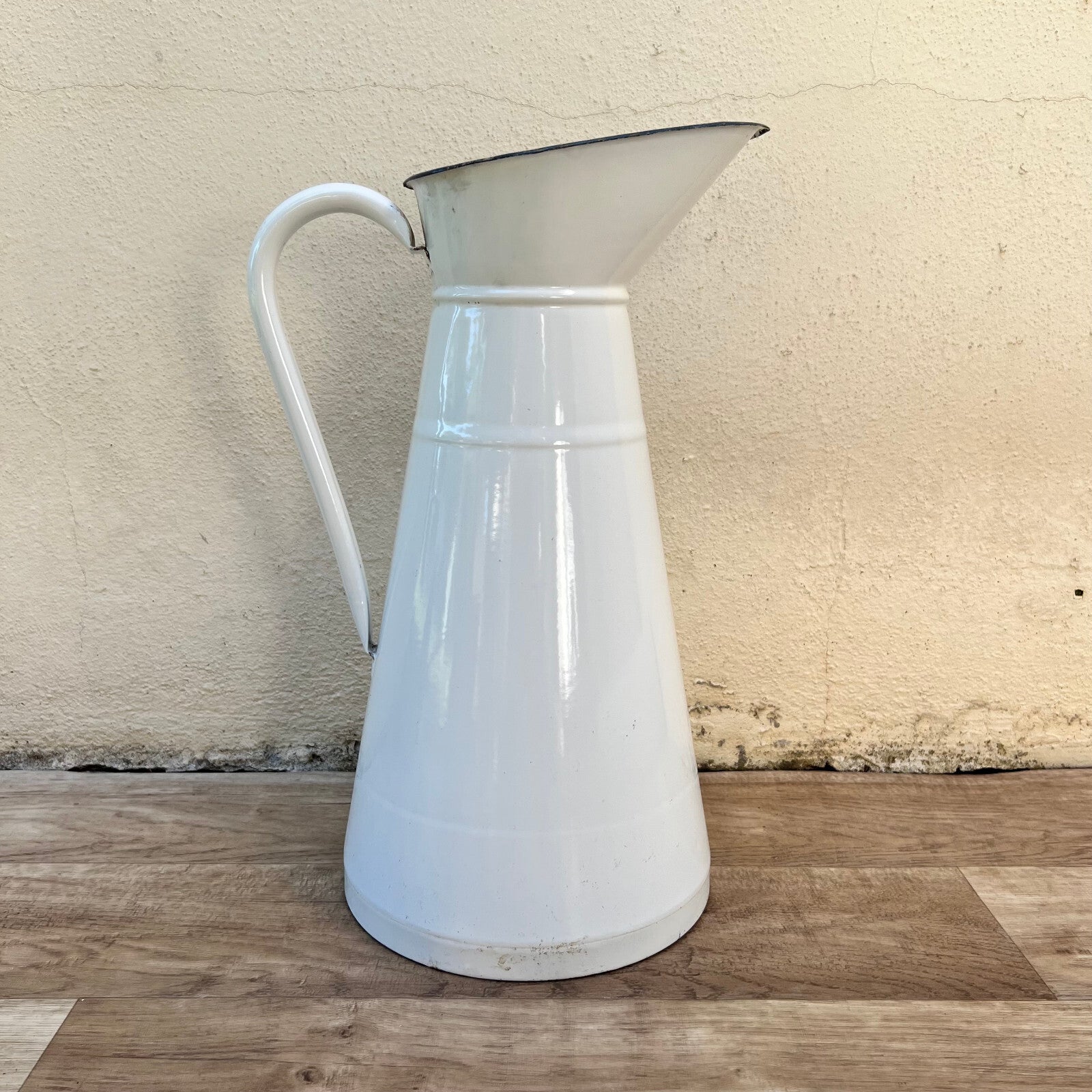 French Enamelware Pitcher White Blue Rim Antique Water Jug Vintage 1008223 Duralex