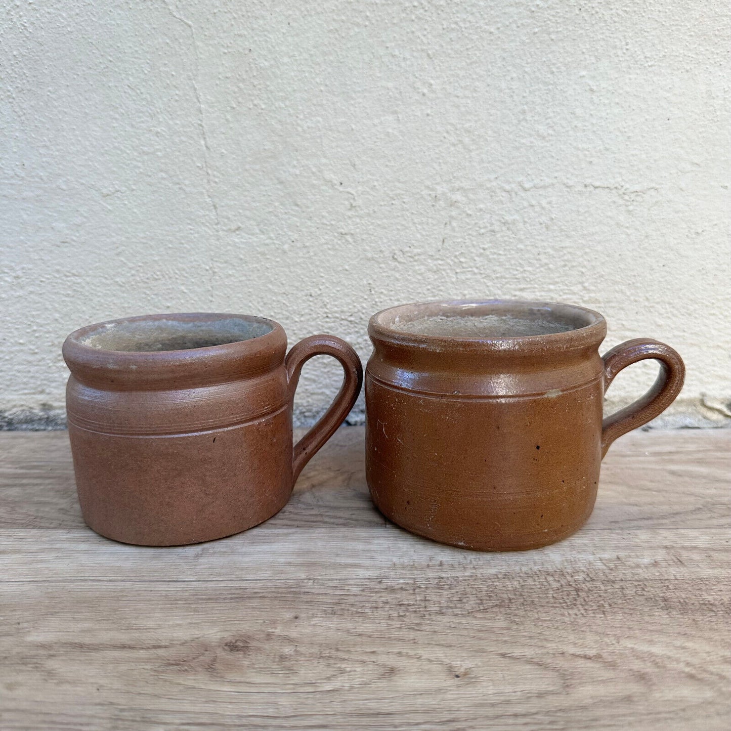 SET OF 2 FRENCH VINTAGE confit jug mug cup glazed brown 01112317 - Fleamarketfrance