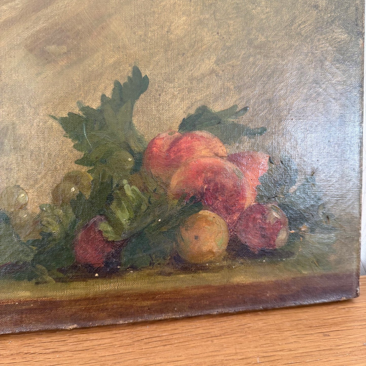 Close-up detail of signed Borgnis French oil painting showing fruit arrangement technique