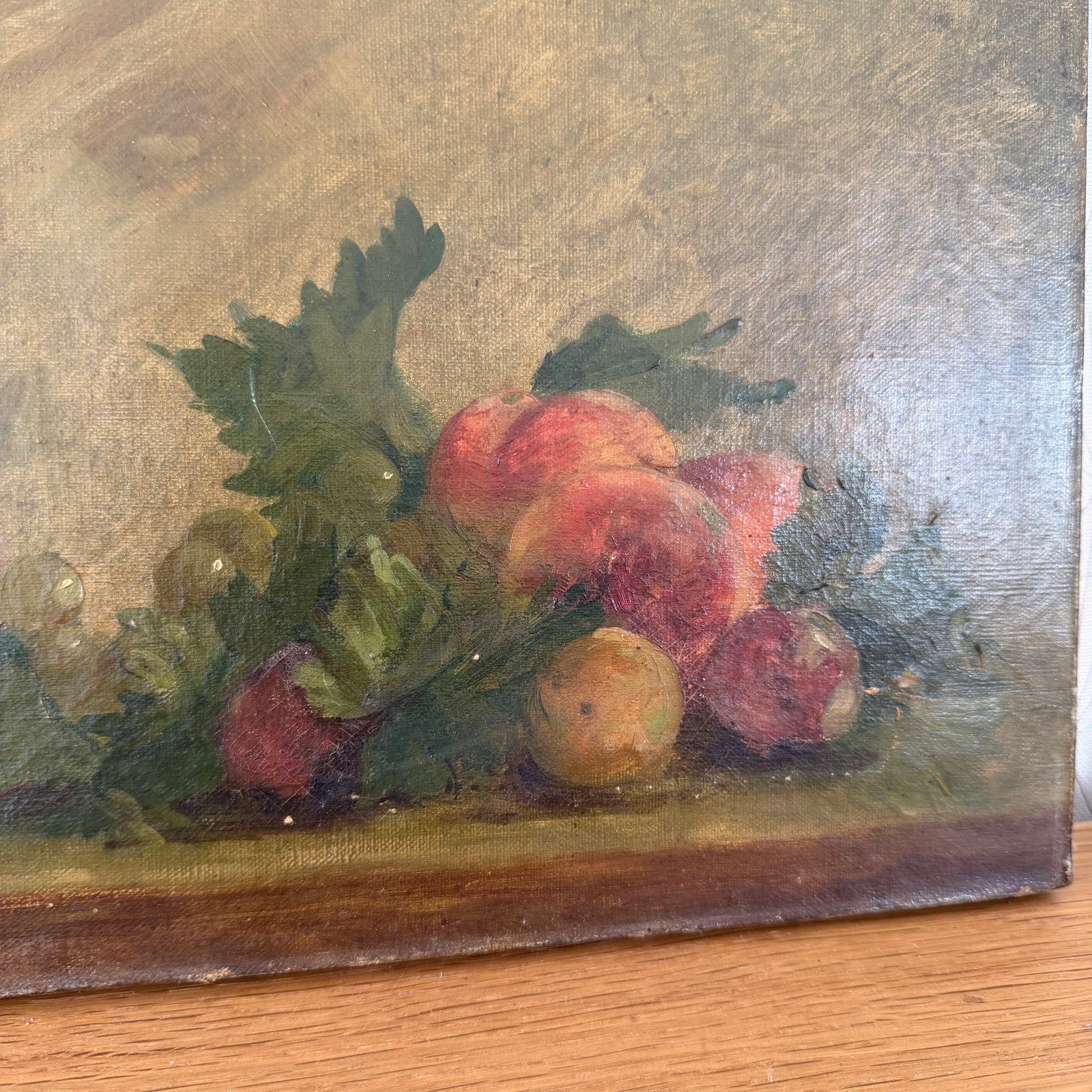 Close-up detail of signed Borgnis French oil painting showing fruit arrangement technique