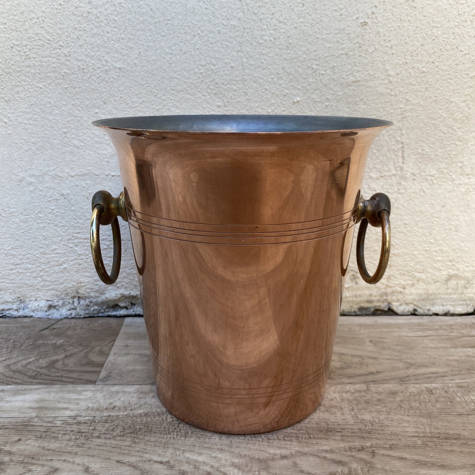 French Vintage Copper Champagne Ice Bucket Brass Rings Metaux Ouvres 04072615 Rothschild