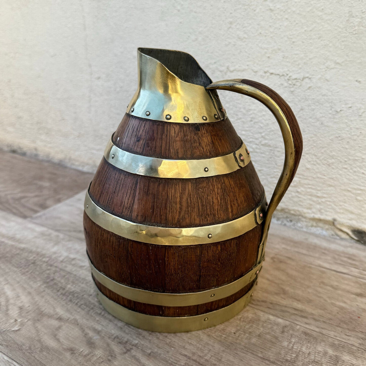 Vintage French Wooden Wine Cider Jug Pitcher Staved Wood Metal 6 3/4" 0405249 - Fleamarketfrance