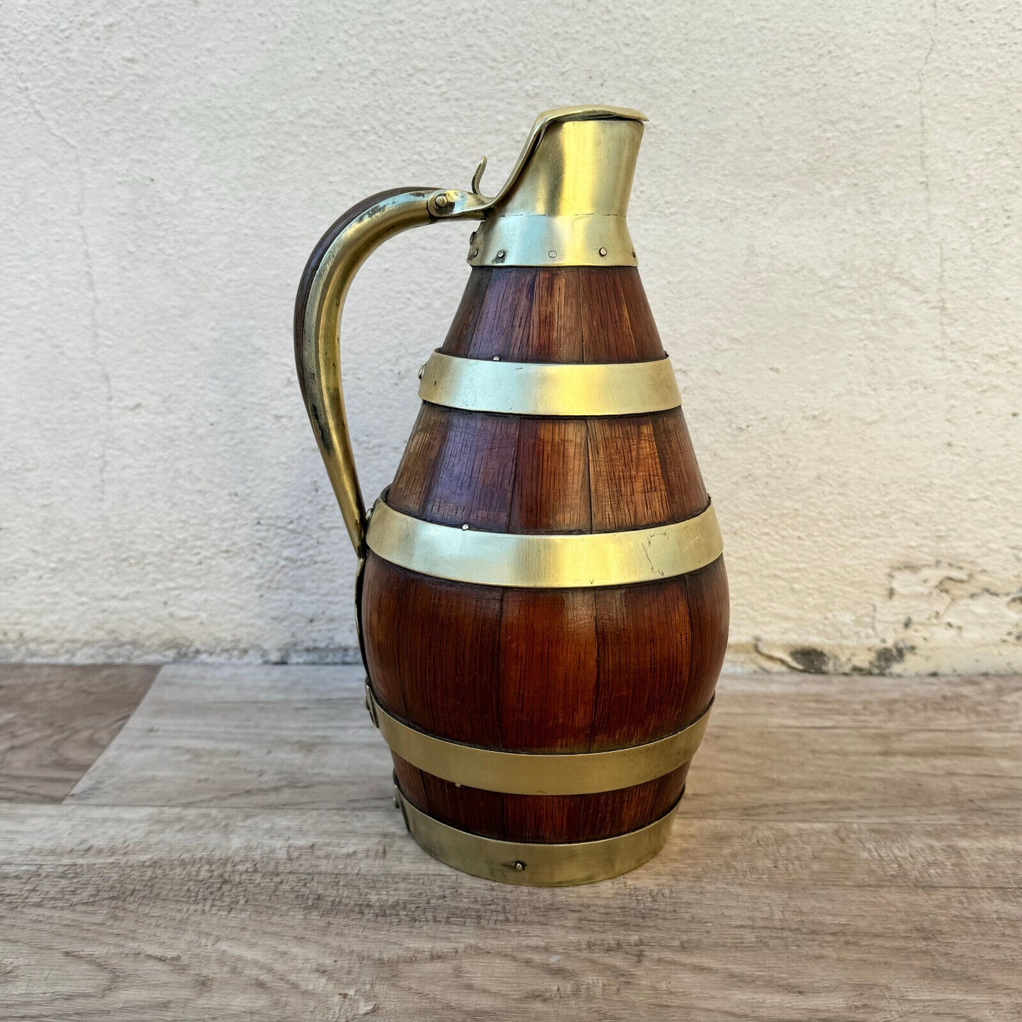 Vintage French Wooden Wine Cider Jug Pitcher Staved Wood Metal 9 1/4" 04052410 - Fleamarketfrance