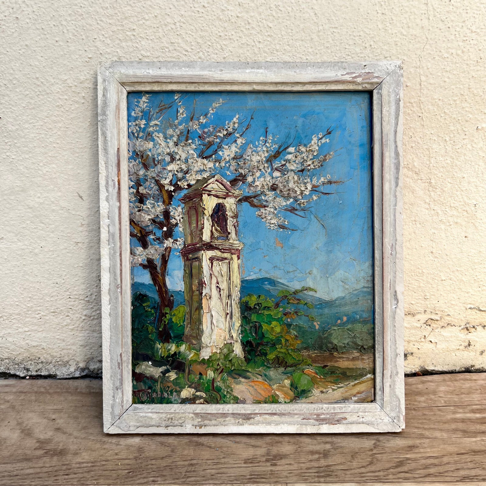 French Provence Oil Painting Bell Tower Landscape Signed Antique 02102214 Fleamarketfrance
