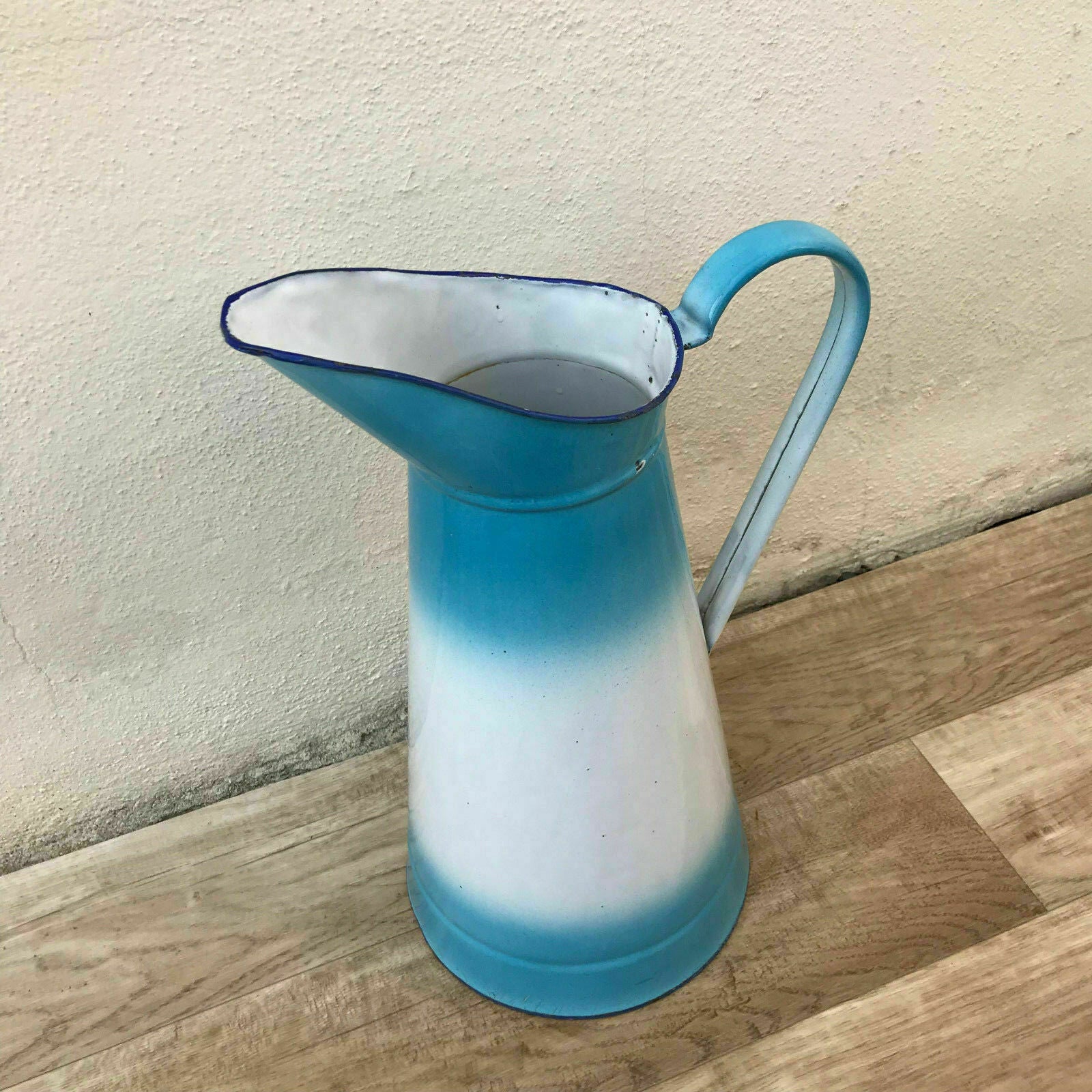 Vintage French Enamel pitcher jug water enameled blue white 0802187 - Fleamarketfrance