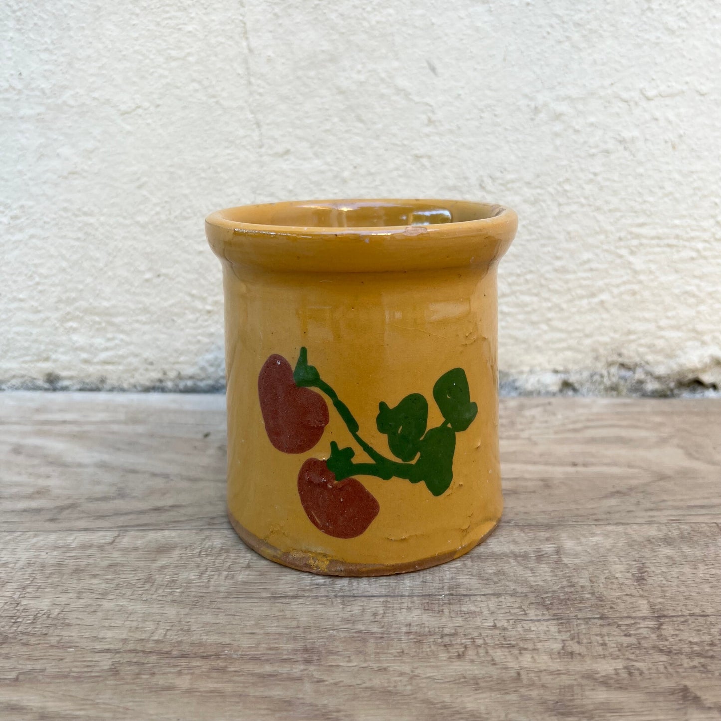 French Confit Pot Yellow Ceramic Antique Cherry Motif Terracotta 29052410 Unmarked