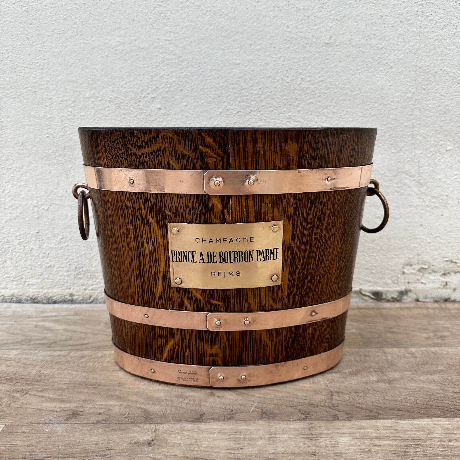 Vintage French Champagne Ice Bucket Cooler Made France WOOD BRASS 1805234 - Fleamarketfrance
