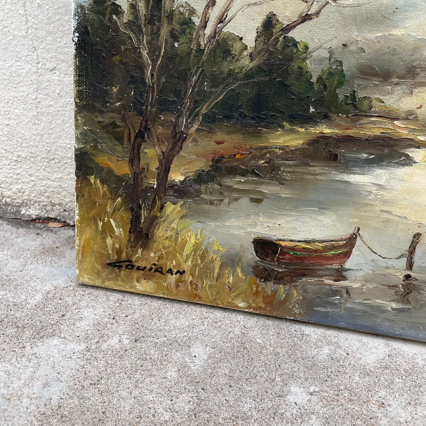 Vintage French Art Landscape Painting Campaign Lake Boat 1703252