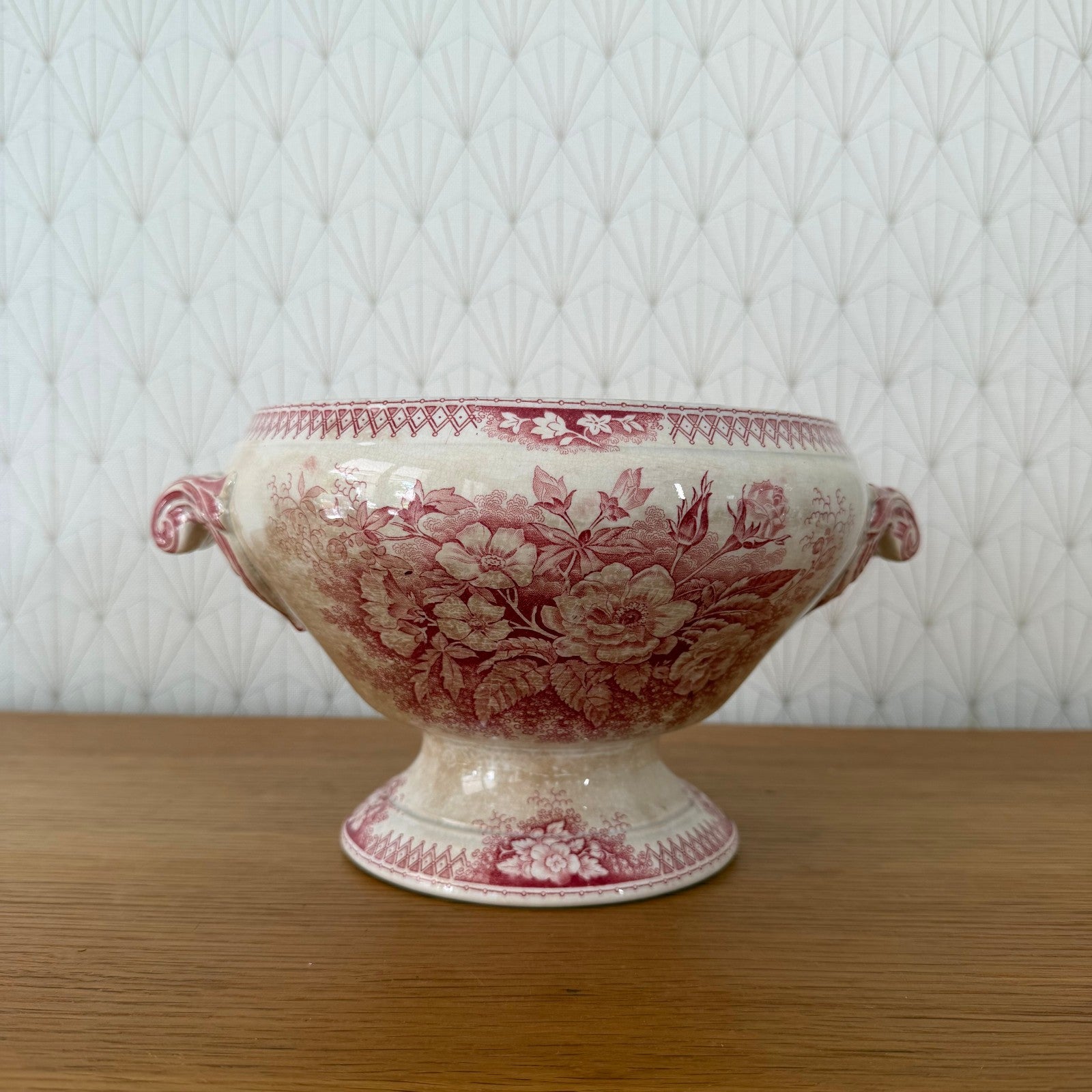 Antique French Sarreguemines Jardiniere Footed Ceramic Bowl Red 1408264 Fleamarketfrance