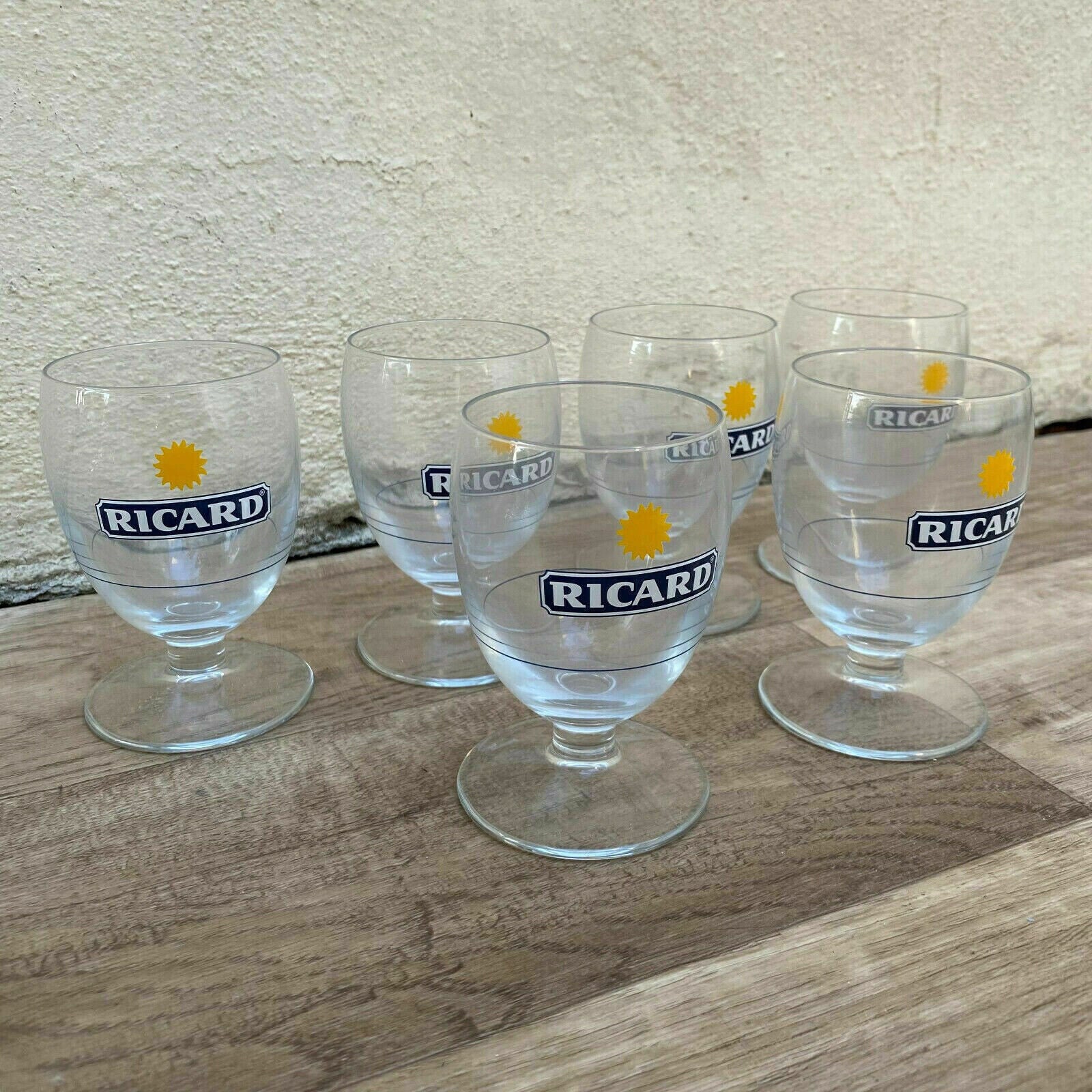 6 FRENCH RICARD ANISETTE PASTIS GLASSES WITH SUNBURST MOTIF 1001254 - Fleamarketfrance