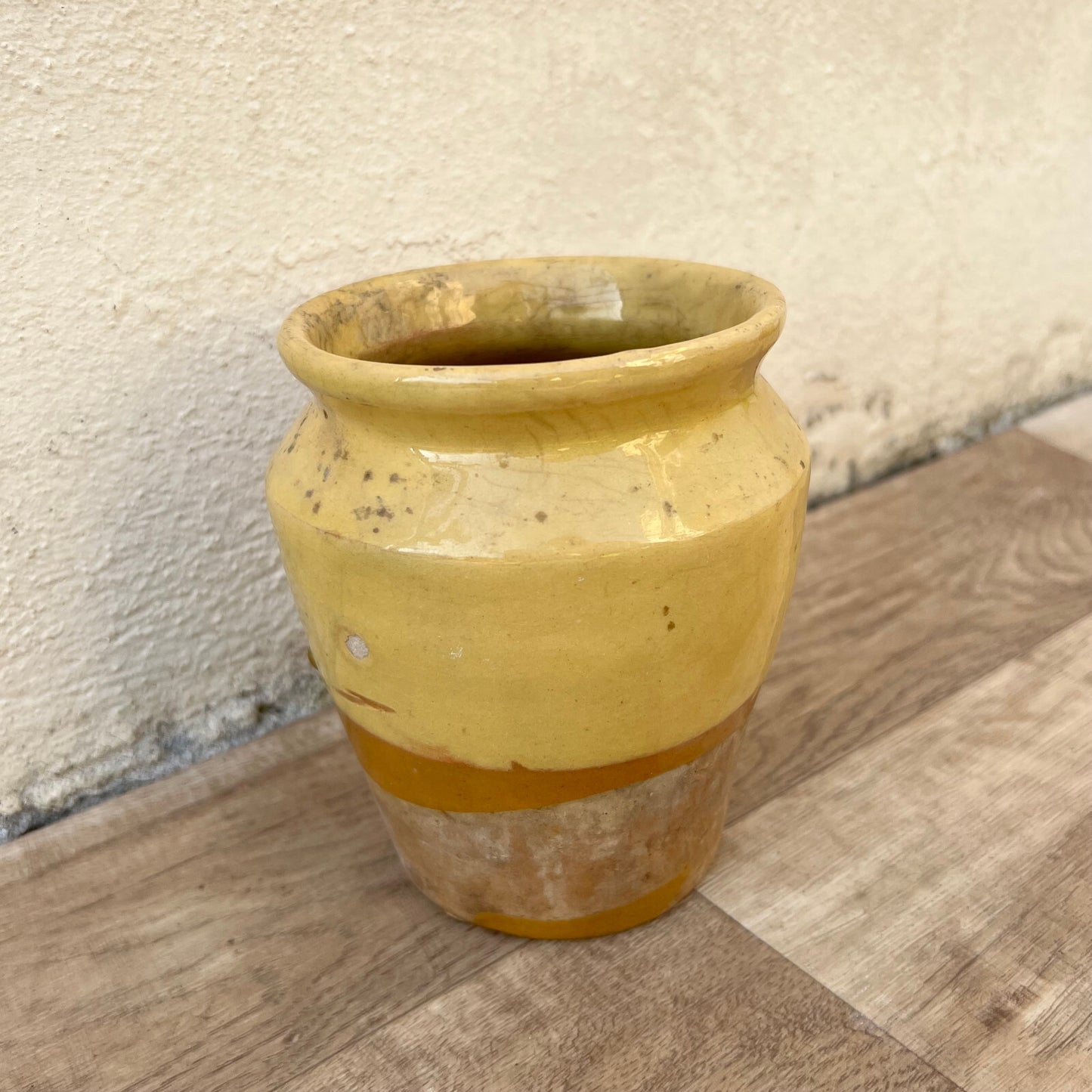 HANDMADE GLAZED YELLOW ANTIQUE FRENCH MUSTARD POT 6" TERRACOTTA 0406251 Unmarked