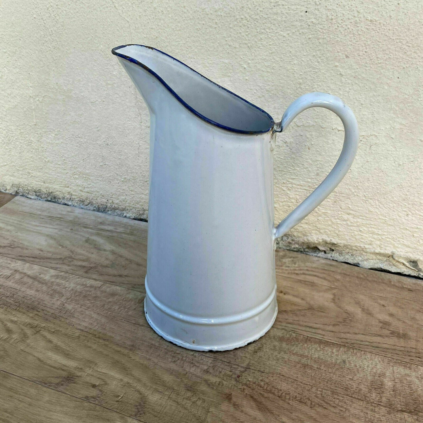 French Enamel Pitcher White Blue Rim Vintage Farmhouse Water Jug 31102111 Fleamarketfrance
