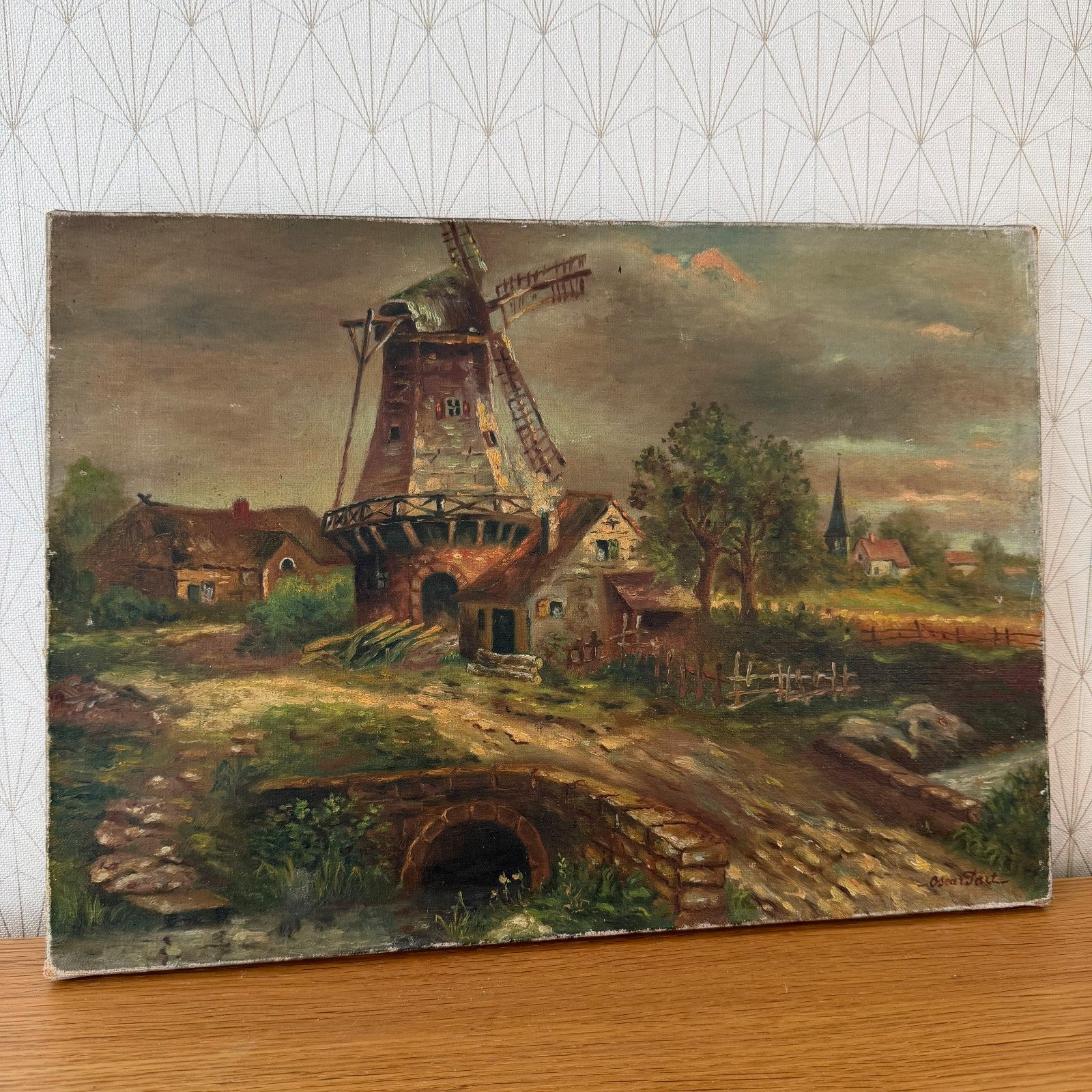 Antique Windmill Oil Painting on Canvas Signed Oscar Paul 1407268 Does Not Apply
