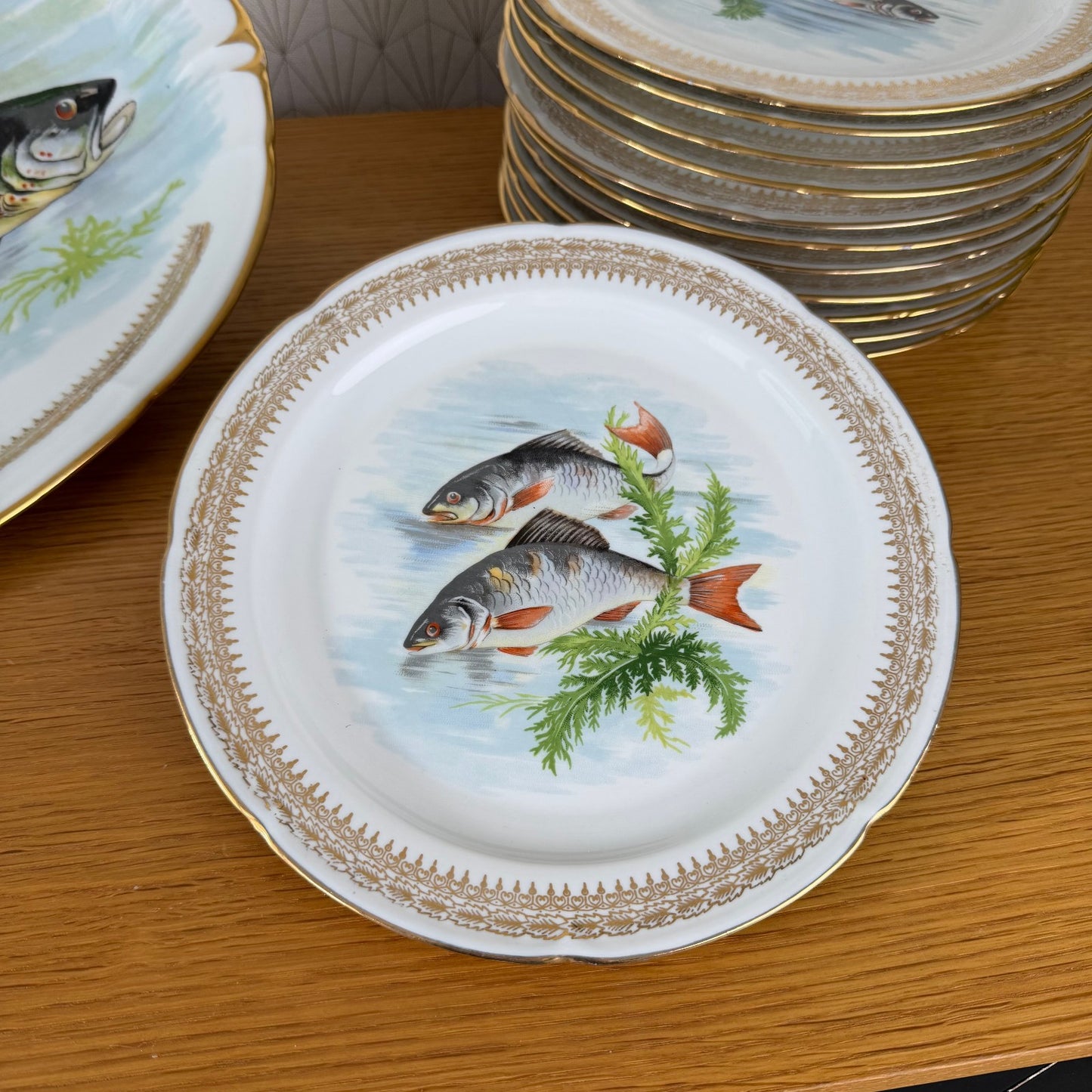 French Fish Plates Vintage Porcelain Set 12 Dinner Plates Serving Tray 2710254 Limoges