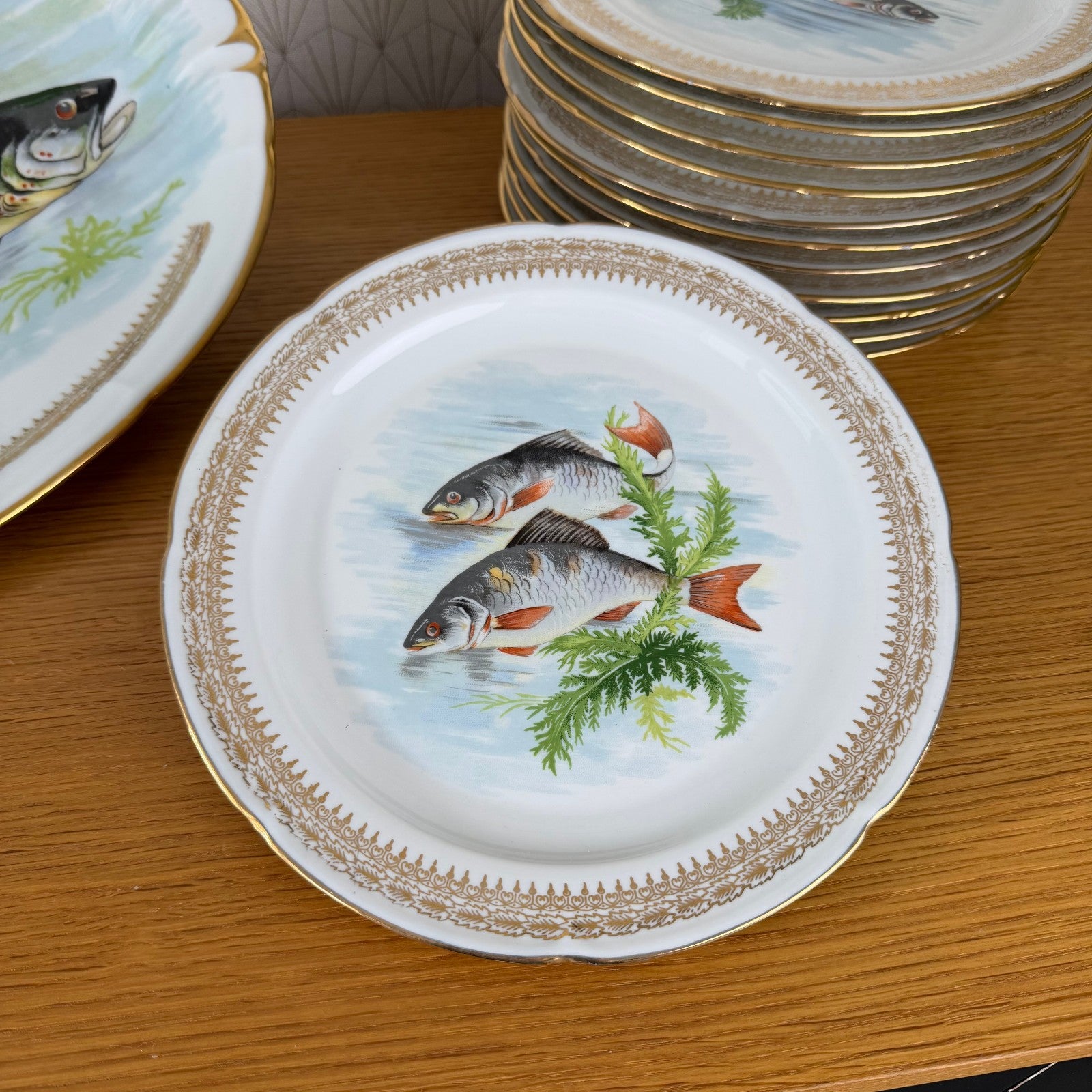 French Fish Plates Vintage Porcelain Set 12 Dinner Plates Serving Tray 2710254 Limoges