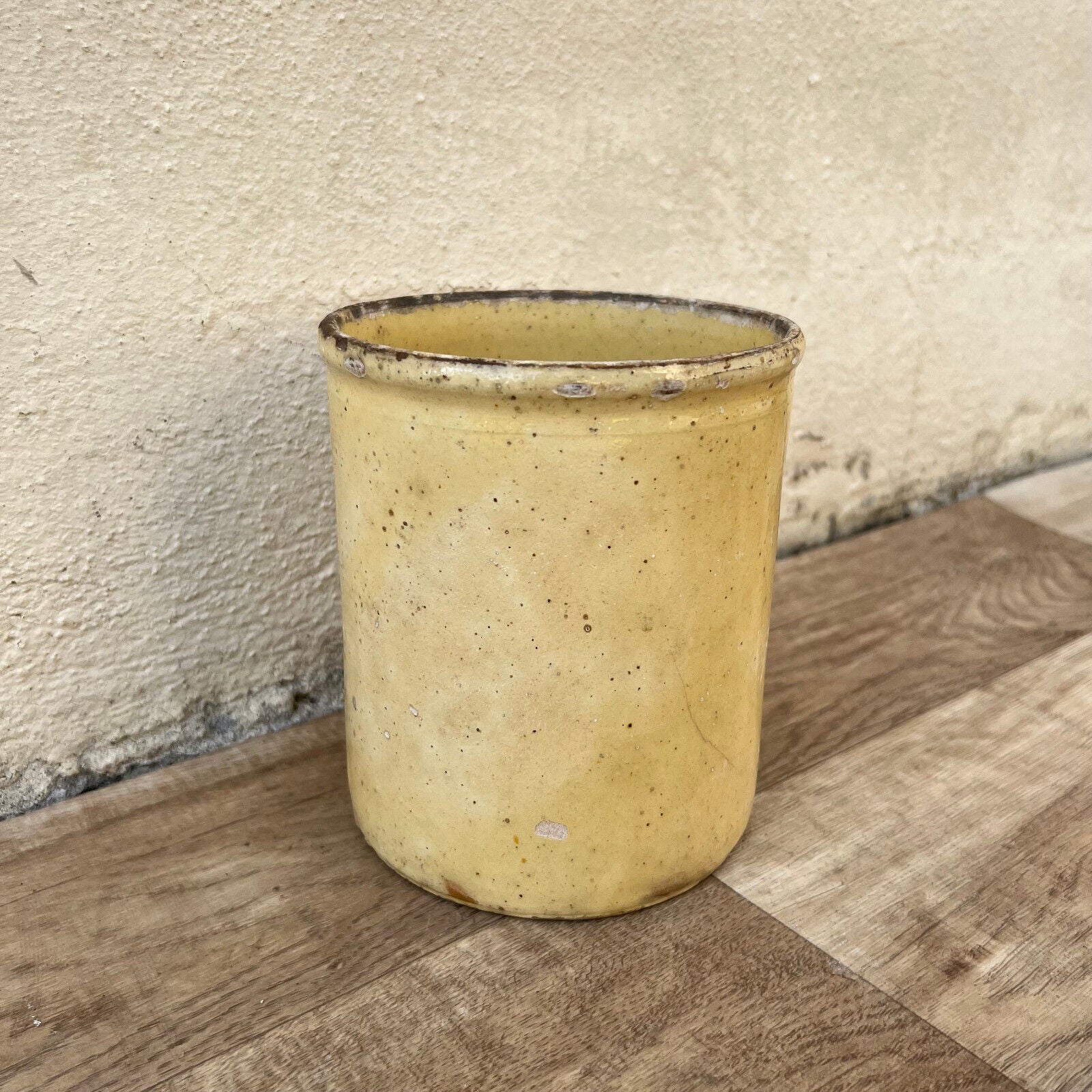 HANDMADE GLAZED YELLOW ANTIQUE FRENCH CONFIT JAM POT SMALL TERRACOTTA 6" 1210245 - Fleamarketfrance