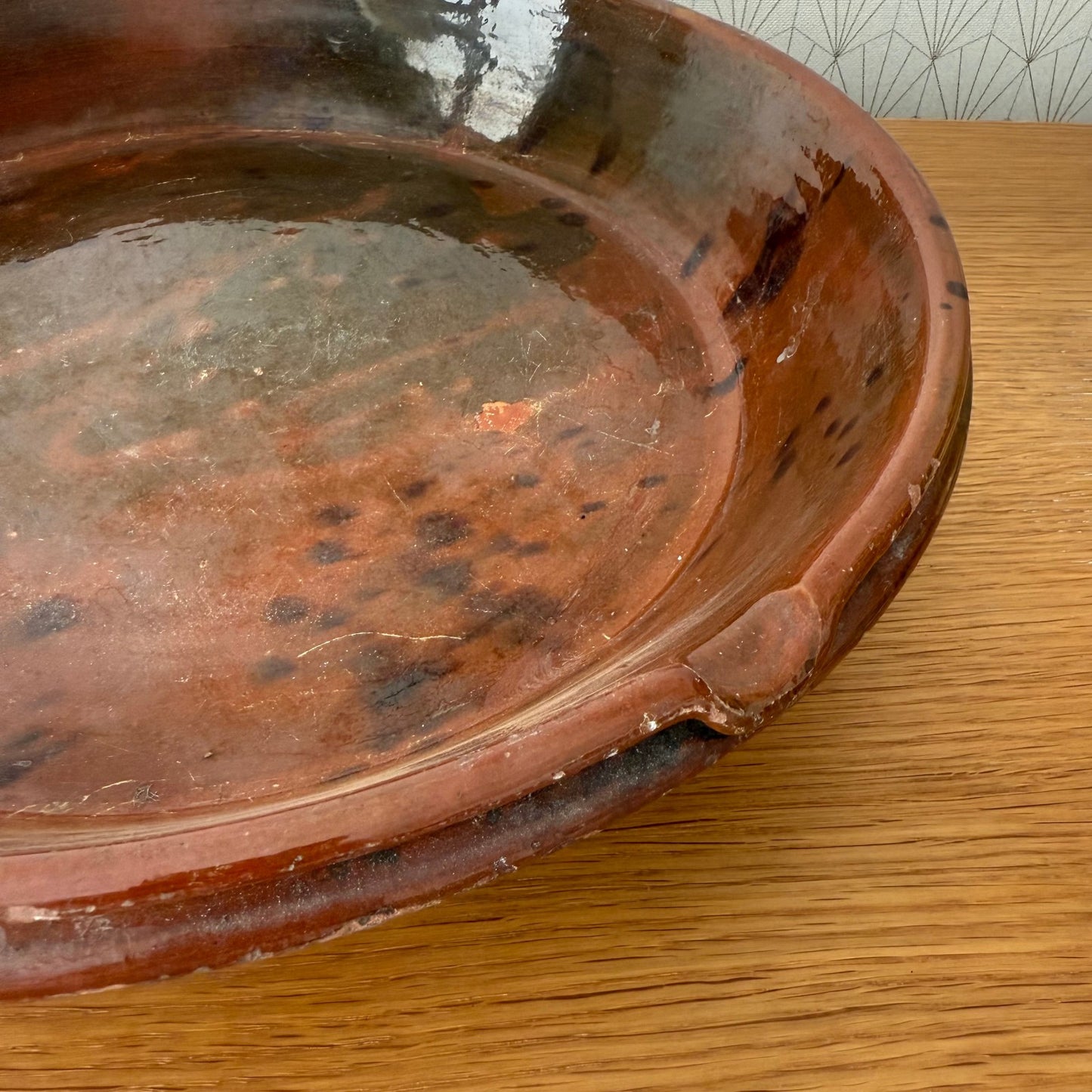 Large French 16 1/4 pottery Brown Fruit bowl Provence Vintage Tian 04072512