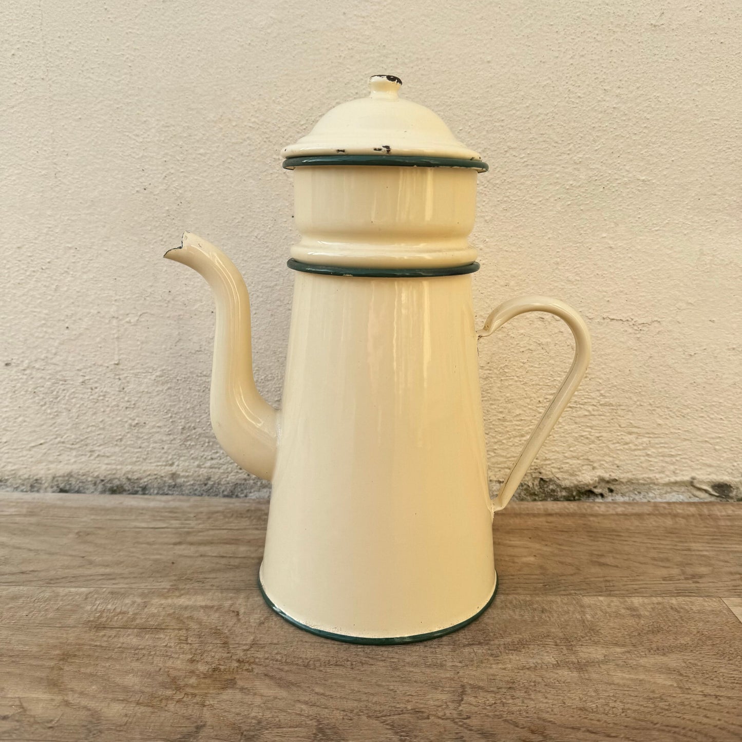 Vintage French Enamel Coffee Pot Beige Green Trim Enamelware Kitchen 0602249 Fleamarketfrance