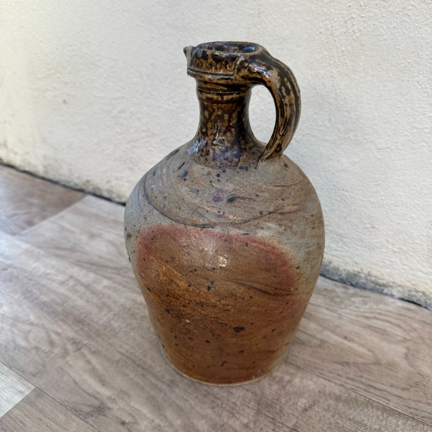 HANDMADE GLAZED BEIGE ANTIQUE FRENCH STONEWARE JUG PITCHER 0410231 - Fleamarketfrance