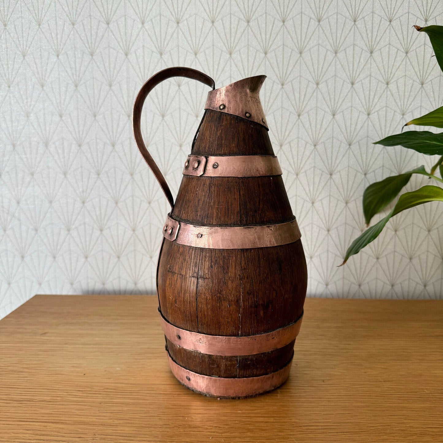 Vintage French Wooden Wine Cider Jug Pitcher Staved Wood Metal 11 1/2" 19062411 - Fleamarketfrance