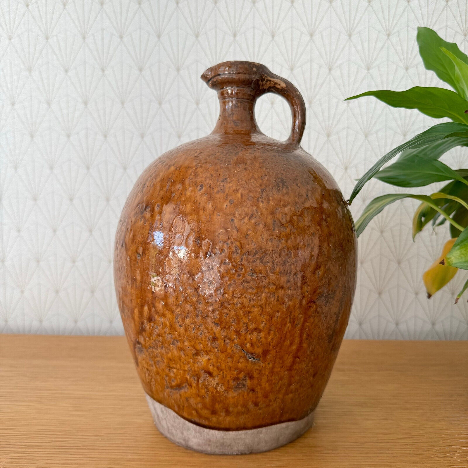 HANDMADE GLAZED BROWN ANTIQUE FRENCH STONEWARE JUG PITCHER 12 1/4" 15062413 - Fleamarketfrance