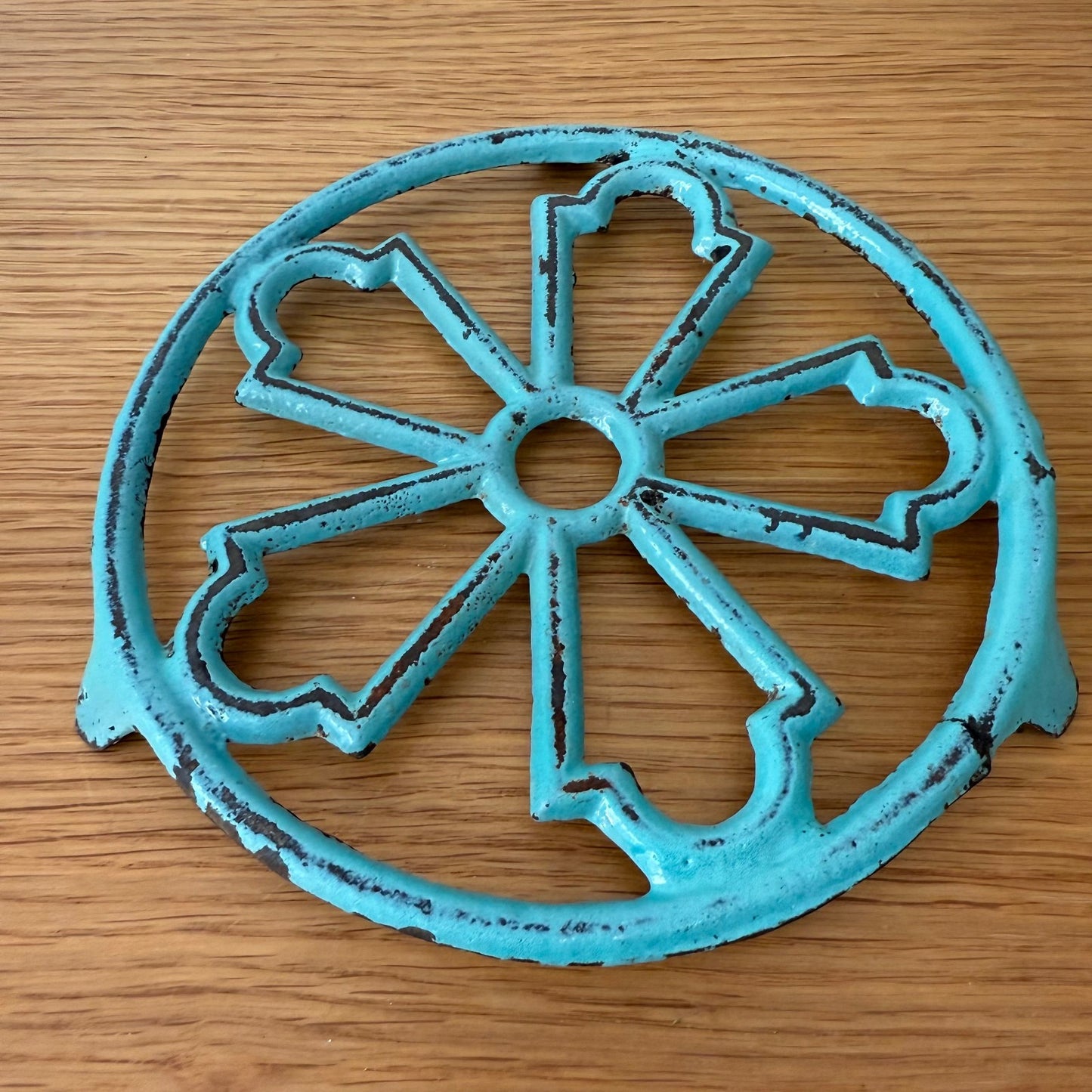 Antique vintage french Cast iron kitchen Trivet  france blue turquoise 0807257