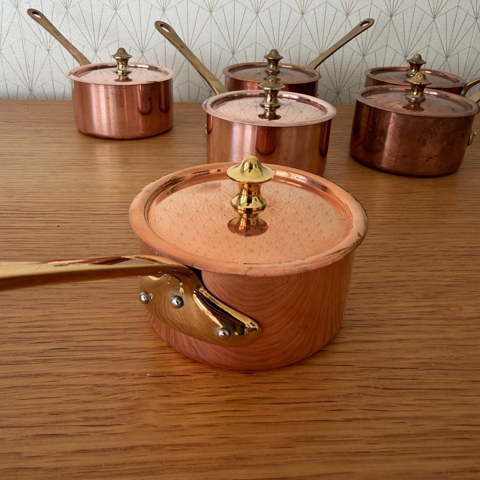 French Copper Saucepans Set of 6 with Lids Brass Handles Cookware 1803264 Unbranded