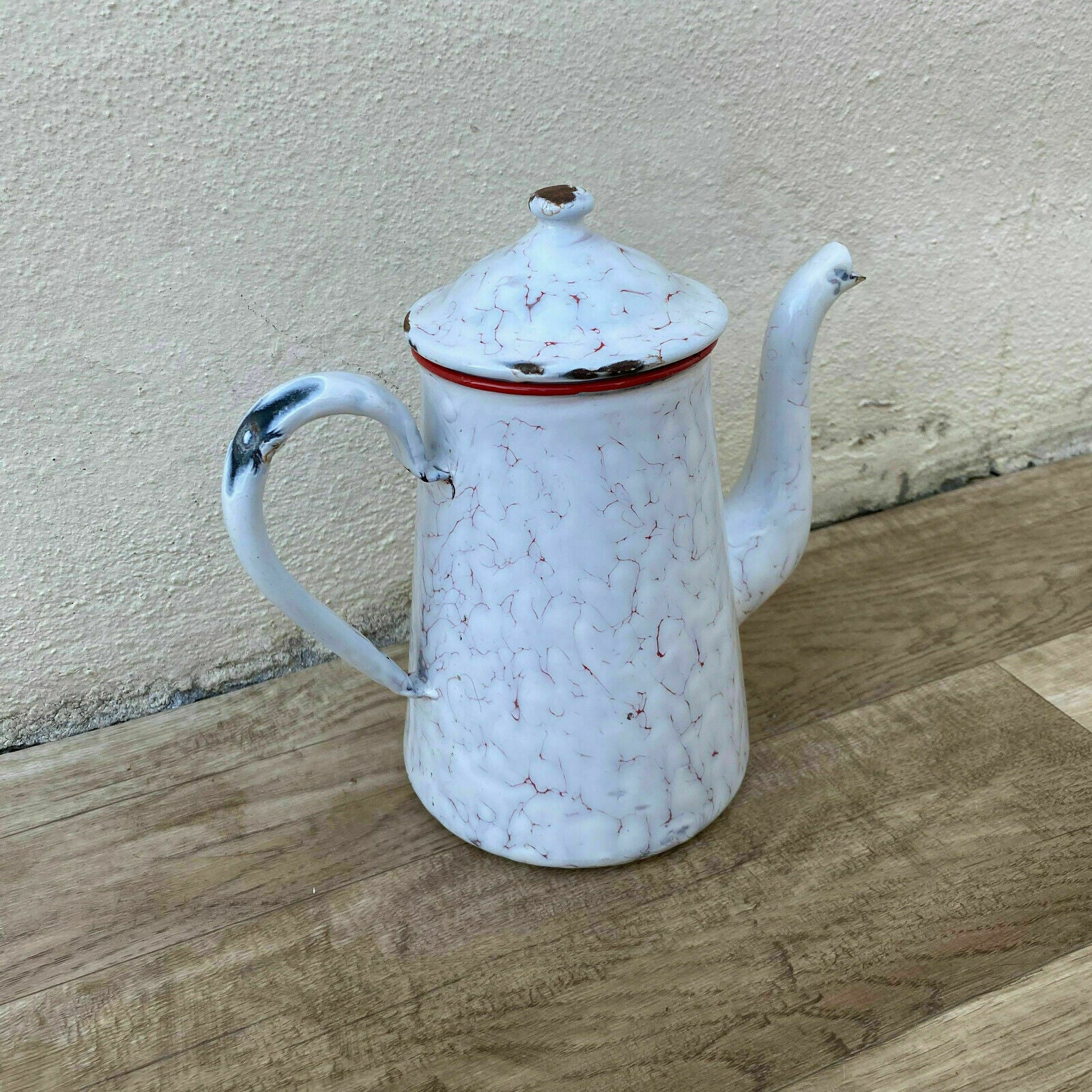 Vintage French Enamelware white marbled Enamel Coffee Pot 2706203 - Fleamarketfrance