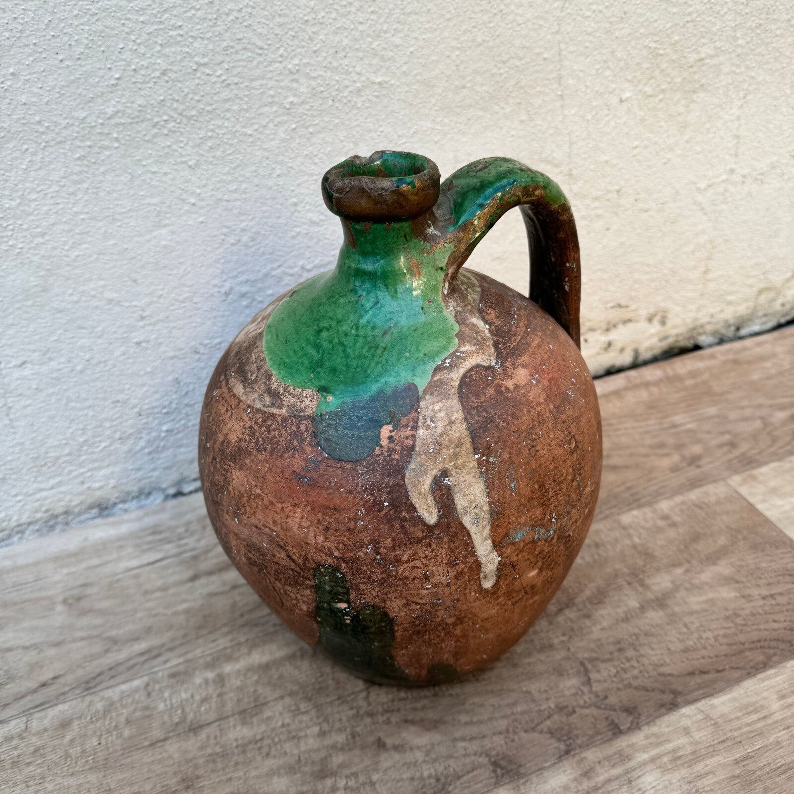 French Pottery Jug Vintage Terracotta Pitcher Green Glaze Country 2604241 Unmarked