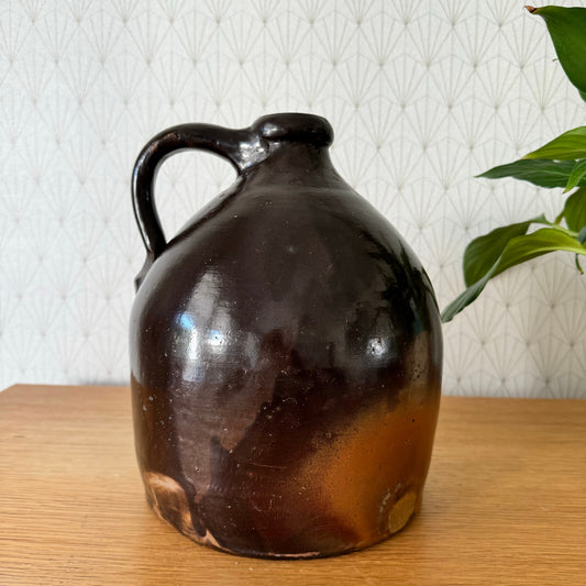 Antique French Stoneware Jug Brown Amber Glaze Handmade Pottery 1906242 Unmarked