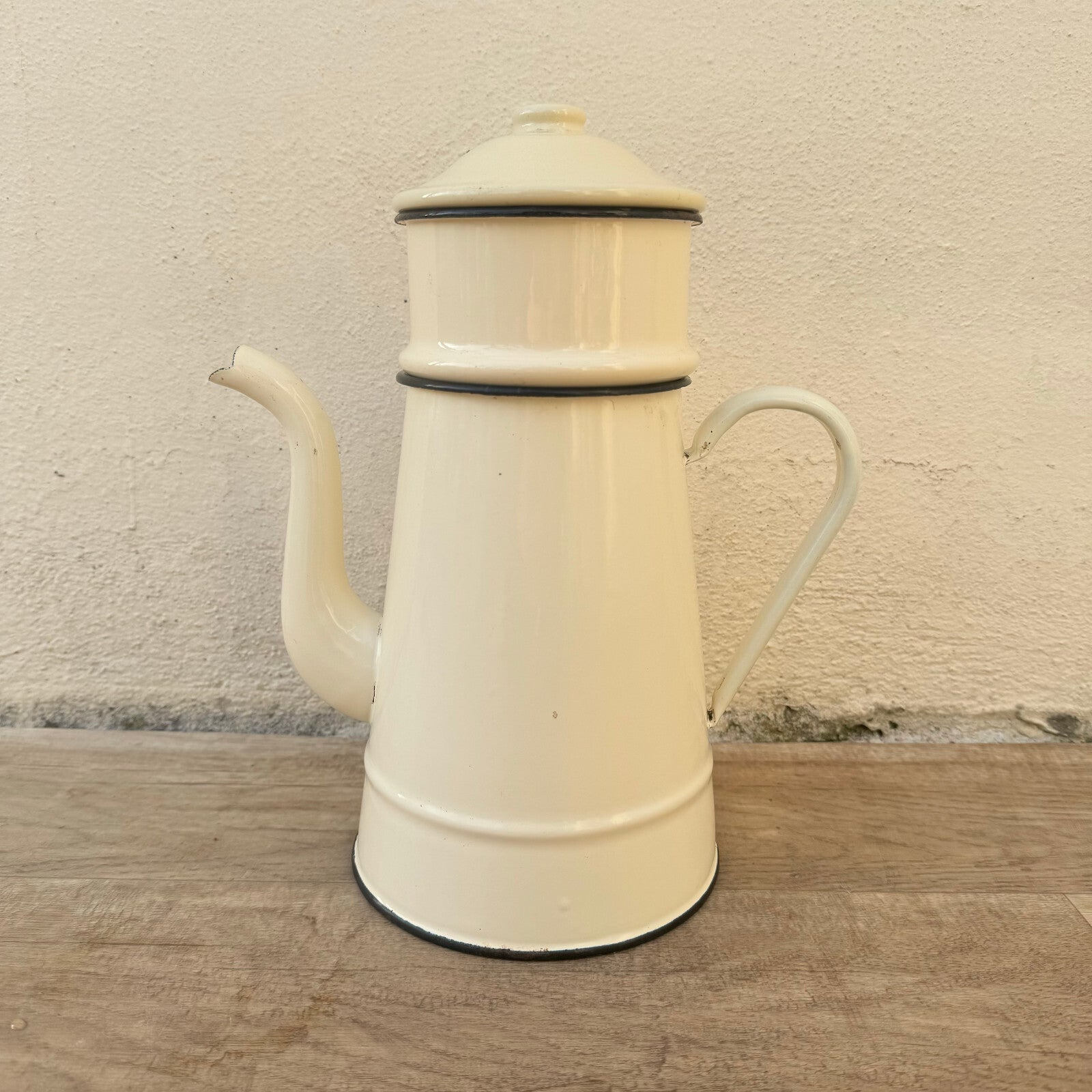 French Enamelware Coffee Pot Cream Black Trim Vintage Camping Kitchen 0602248 Fleamarketfrance