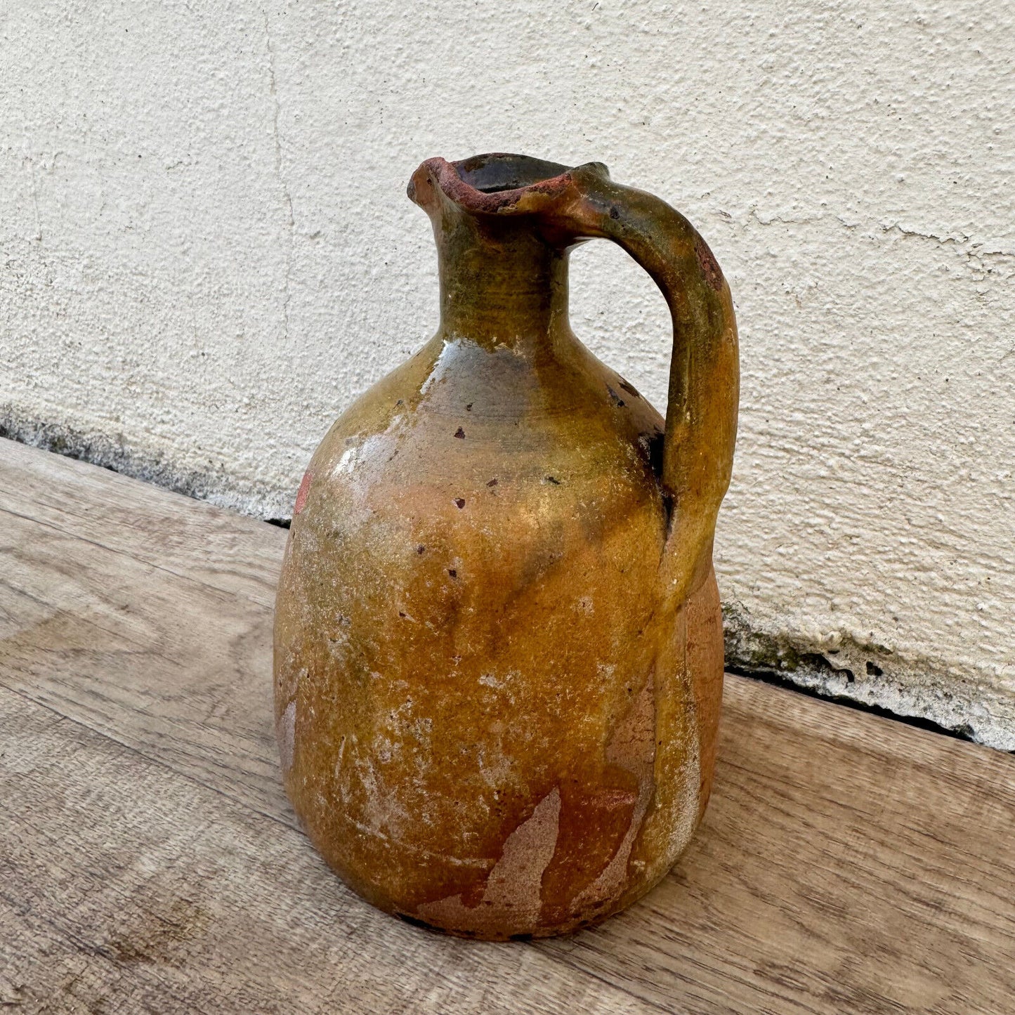 ANTIQUE HANDMADE GLAZED BEIGE BROWN FRENCH TERRA COTTA JUG PITCHER 06022415 - Fleamarketfrance