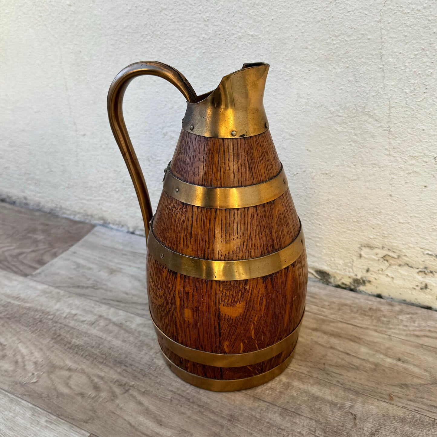 Vintage French Wooden Wine Cider Jug Pitcher Staved Wood Metal 9 3/4" 0405244 - Fleamarketfrance