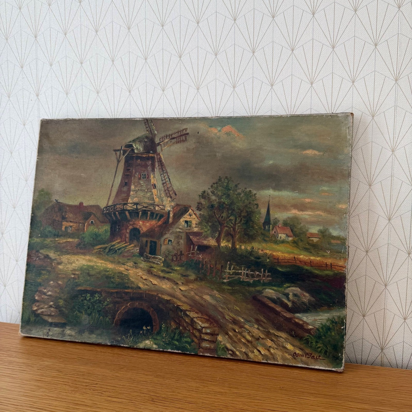 Antique Windmill Oil Painting on Canvas Signed Oscar Paul 1407268 Does Not Apply