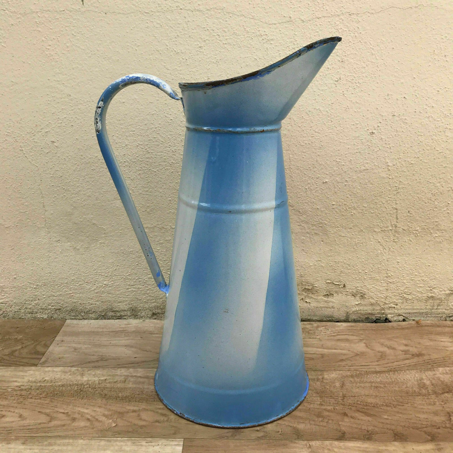 Vintage French Enamel pitcher jug water enameled white blue 3010179 - Fleamarketfrance