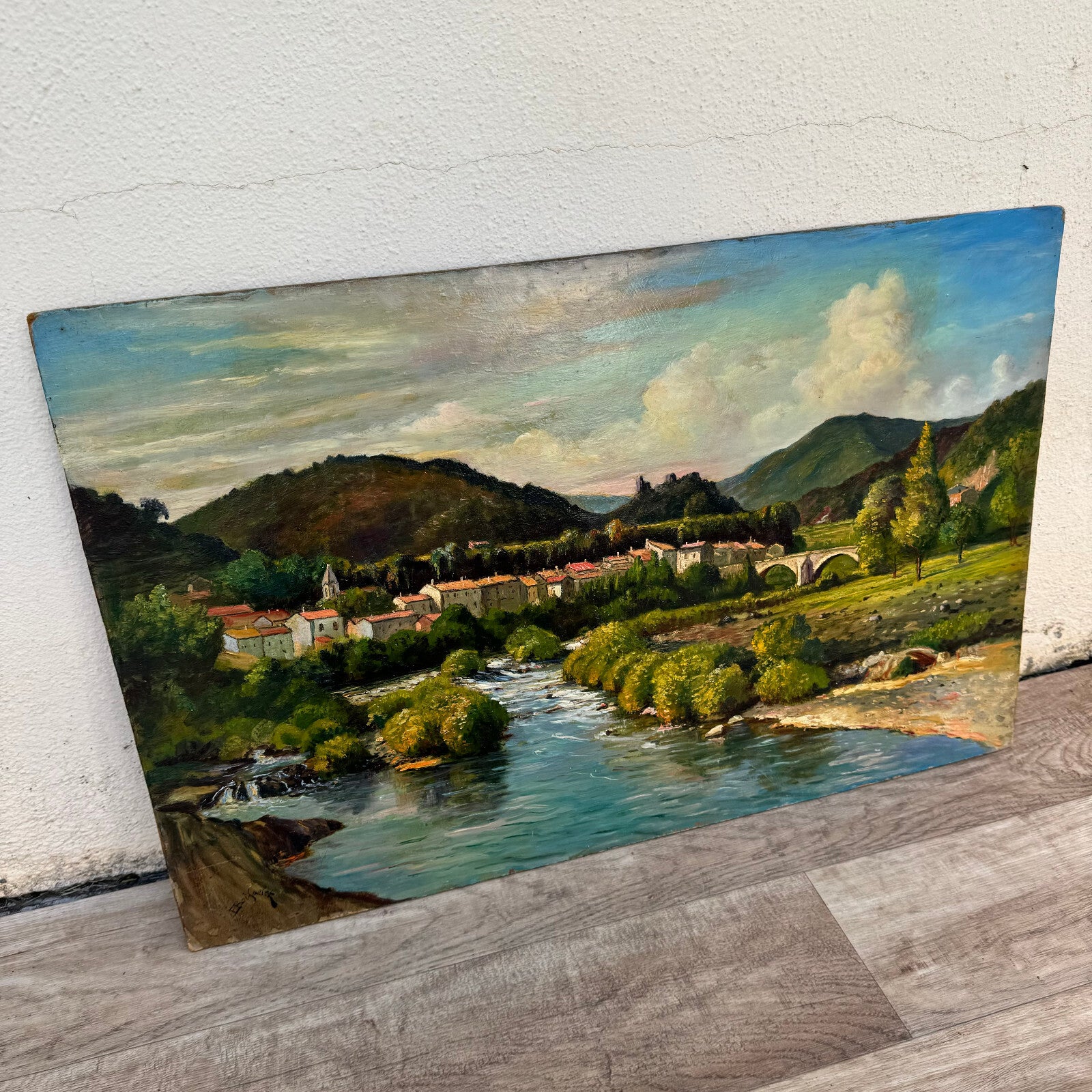 French Oil Painting Ardeche Landscape Signed Wood Panel Vintage 0706249 Fleamarketfrance