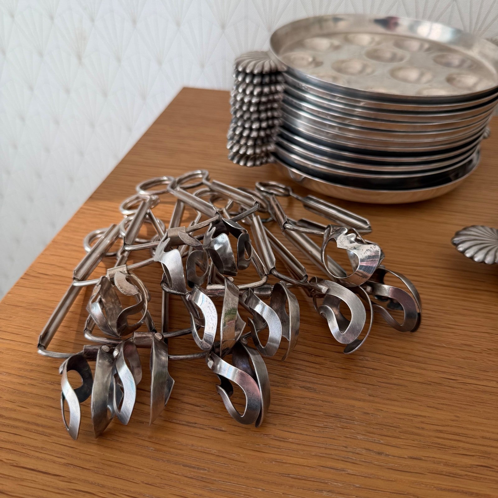 French Escargot Plates Set 12 Silver Plate Snail Dishes Tongs 13012617 Fleamarketfrance : French vintage and antique decor