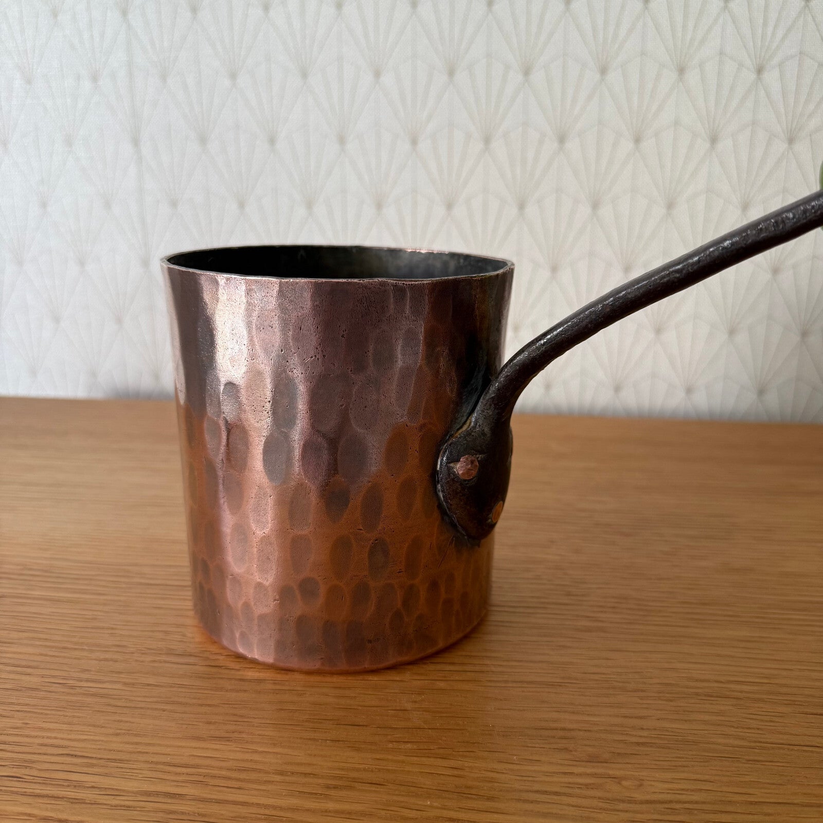 Antique French Copper Saucepan Hammered Tin Lined Iron Handle 2205255 Unbranded