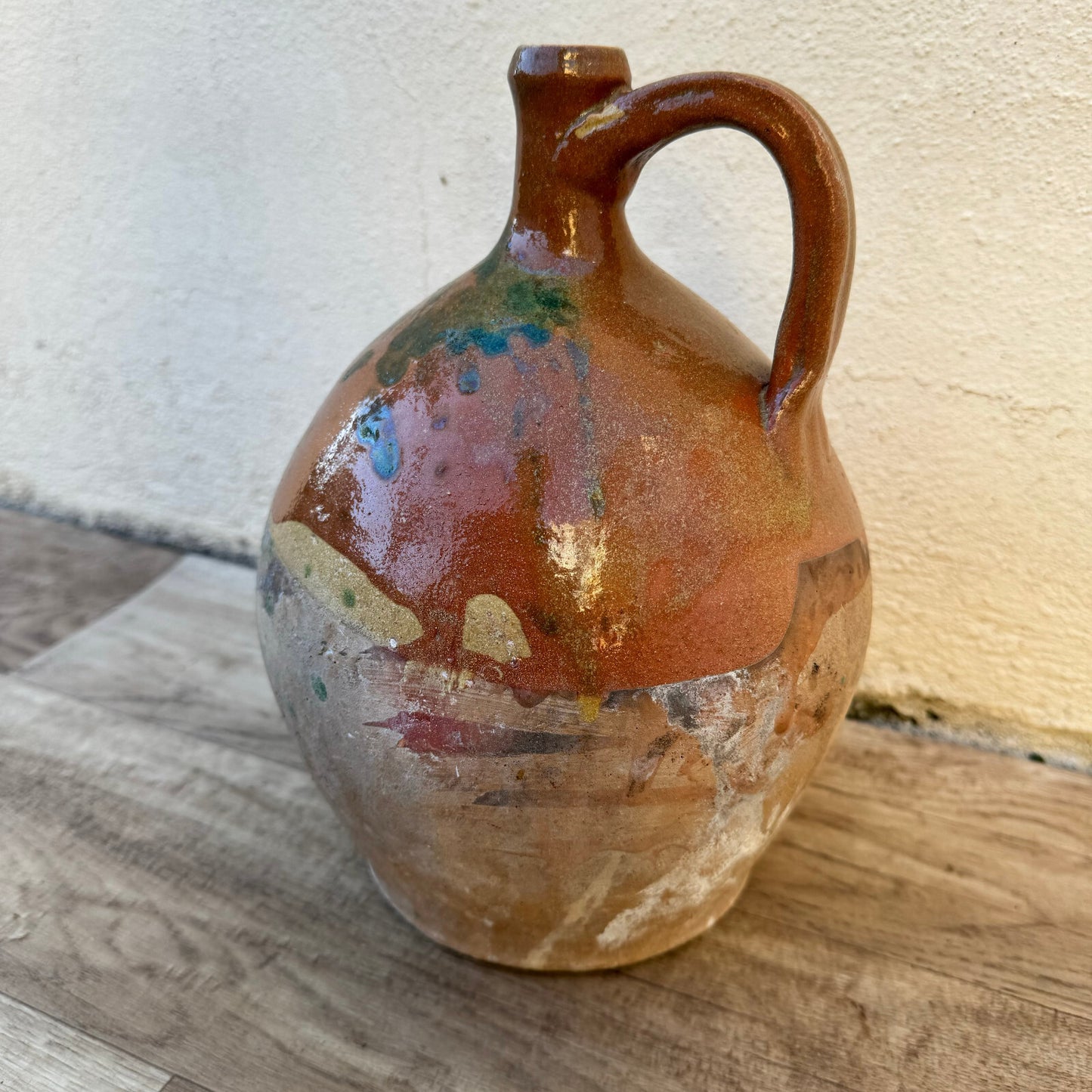 French Pottery Jug Vintage Terracotta Ceramic Pitcher Handle 24102310 Unmarked