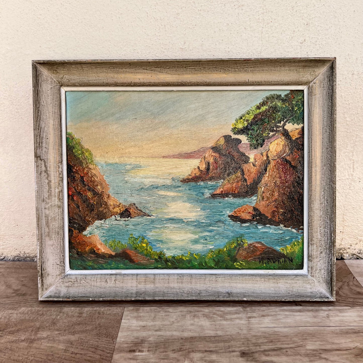 French Coastal Painting Vintage Mediterranean Cliffs Signed Mid Century 0201231 Fleamarketfrance