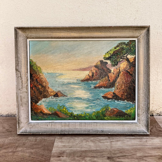 French Coastal Painting Vintage Mediterranean Cliffs Signed Mid Century 0201231 Fleamarketfrance