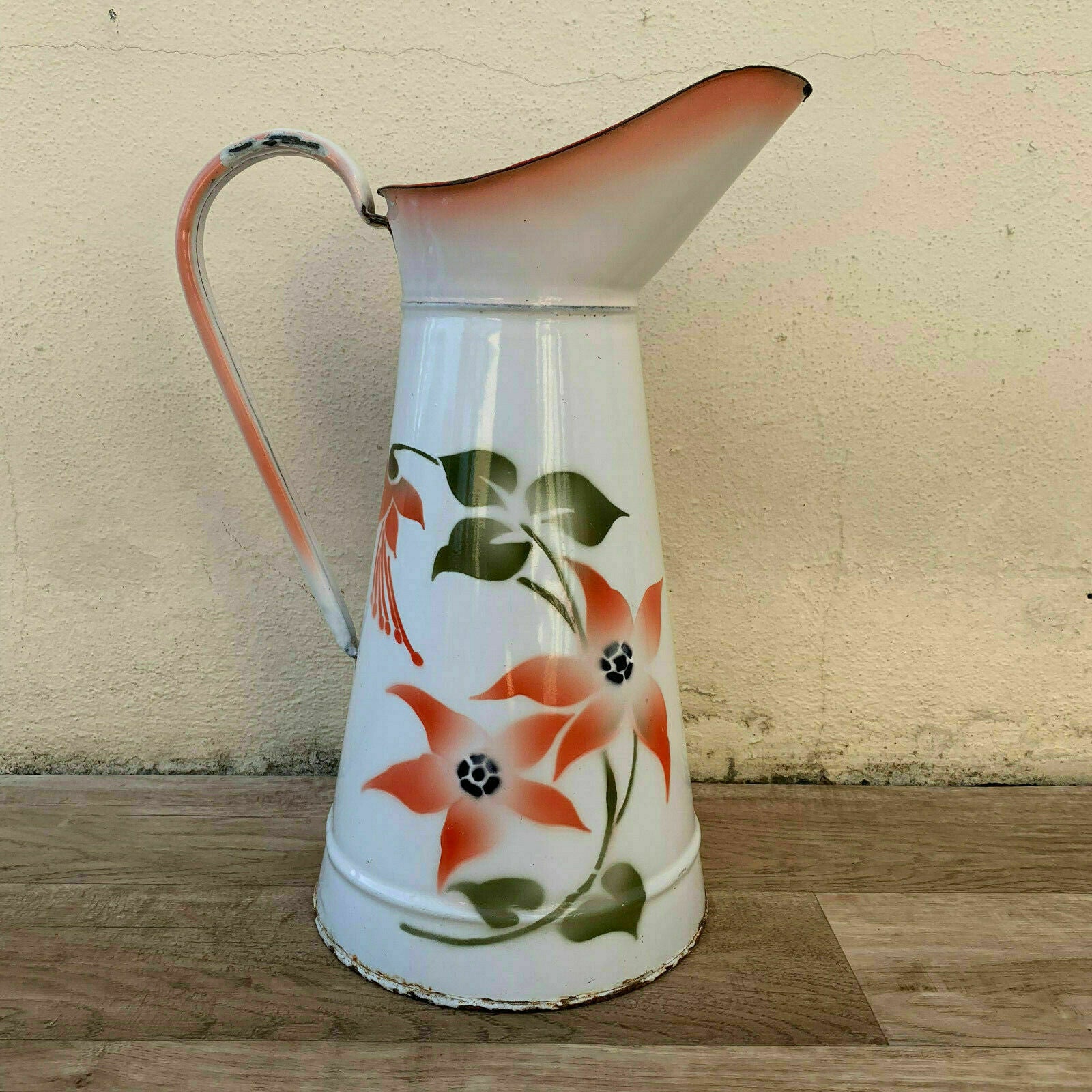 Vintage French Enamel pitcher jug water enameled white flowers RARE 0603191 - Fleamarketfrance