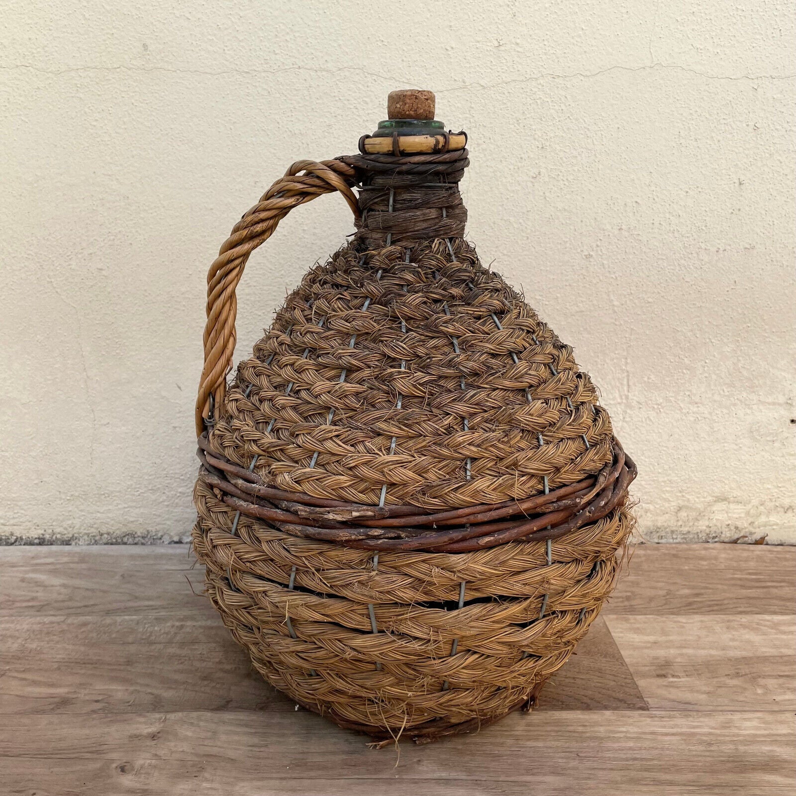 Old French Green Dame Jeanne Demi John Carboy Bottle bonbonne rattan 2710222 - Fleamarketfrance